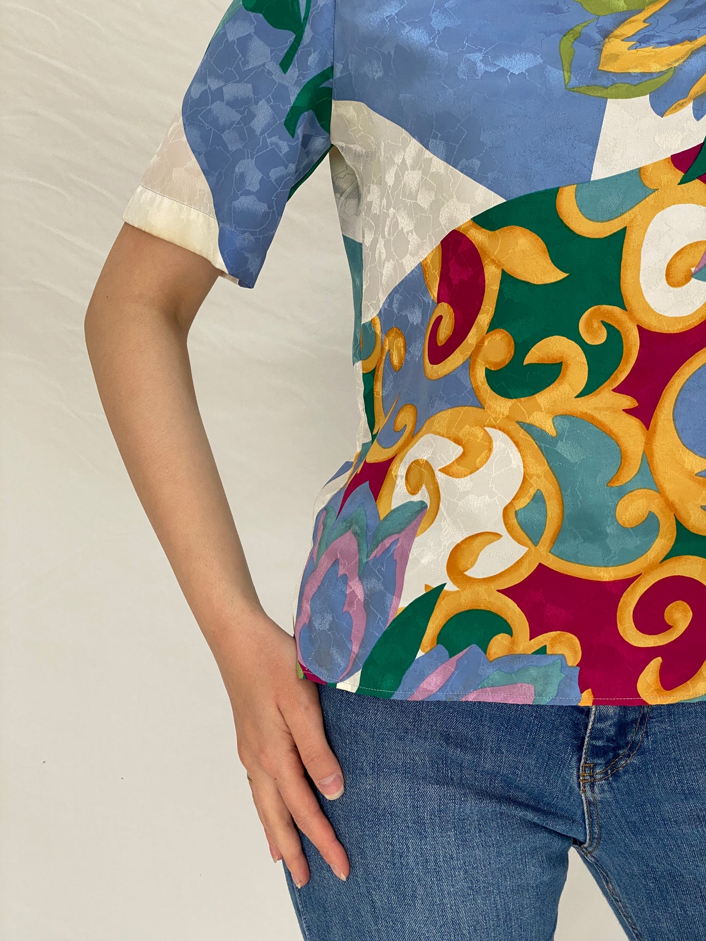 Vintage 90s Philippe Marques Abstract Print Structured Shoulder Short Sleeve Top - M