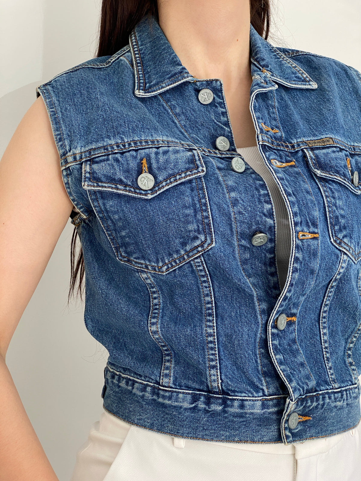Vintage 90s Calvin Klein Jeans Blue Cotton Denim Cropped Vest - M
