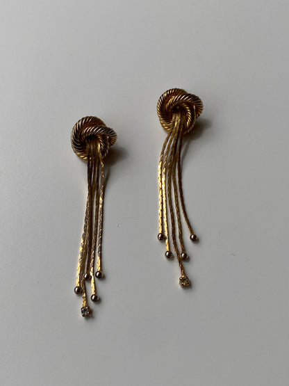 Vintage Gold Plated Rope Knot Fringe Drop Earrings with Crystal Detail
