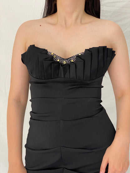 Vintage Betsy & Adam Black Beaded Bust Mermaid Evening Gown – M