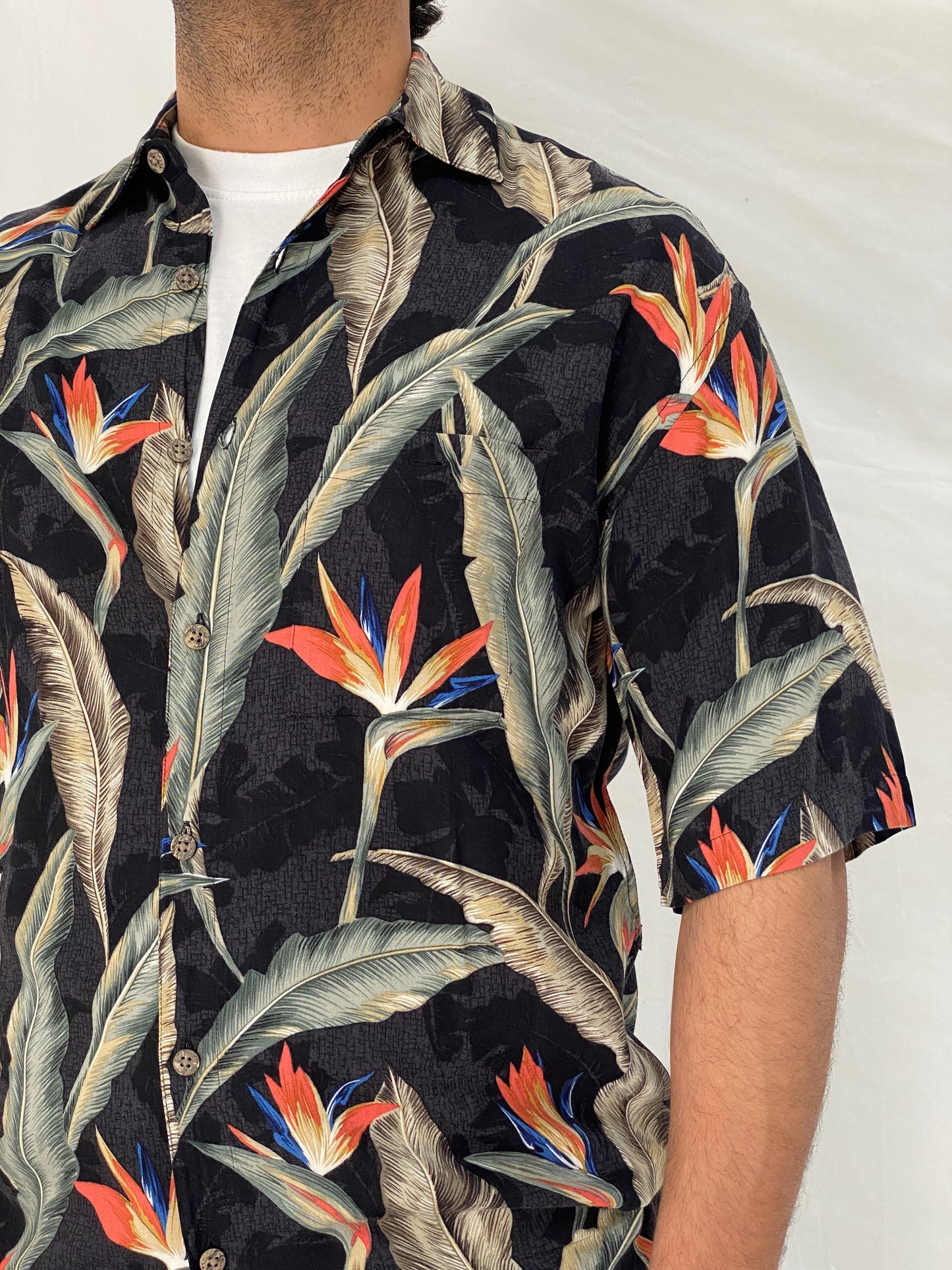 Vintage Campia Moda Hawaiian Black Tropical Bird of Paradise Resort Shirt - S