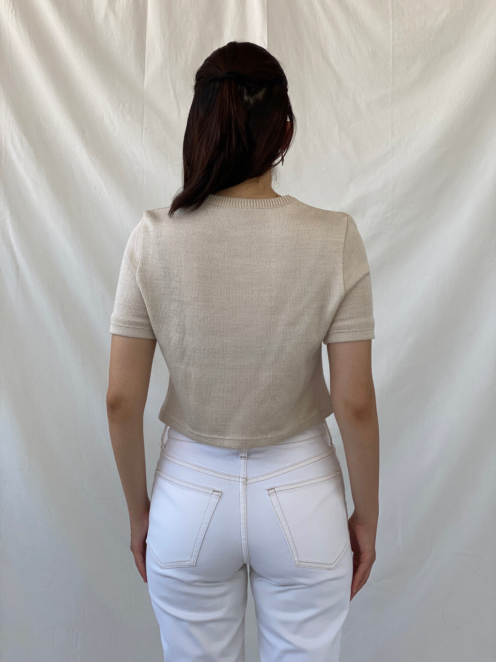 Casual Everyday Beige Knitted Short Sleeve Crop Top - M