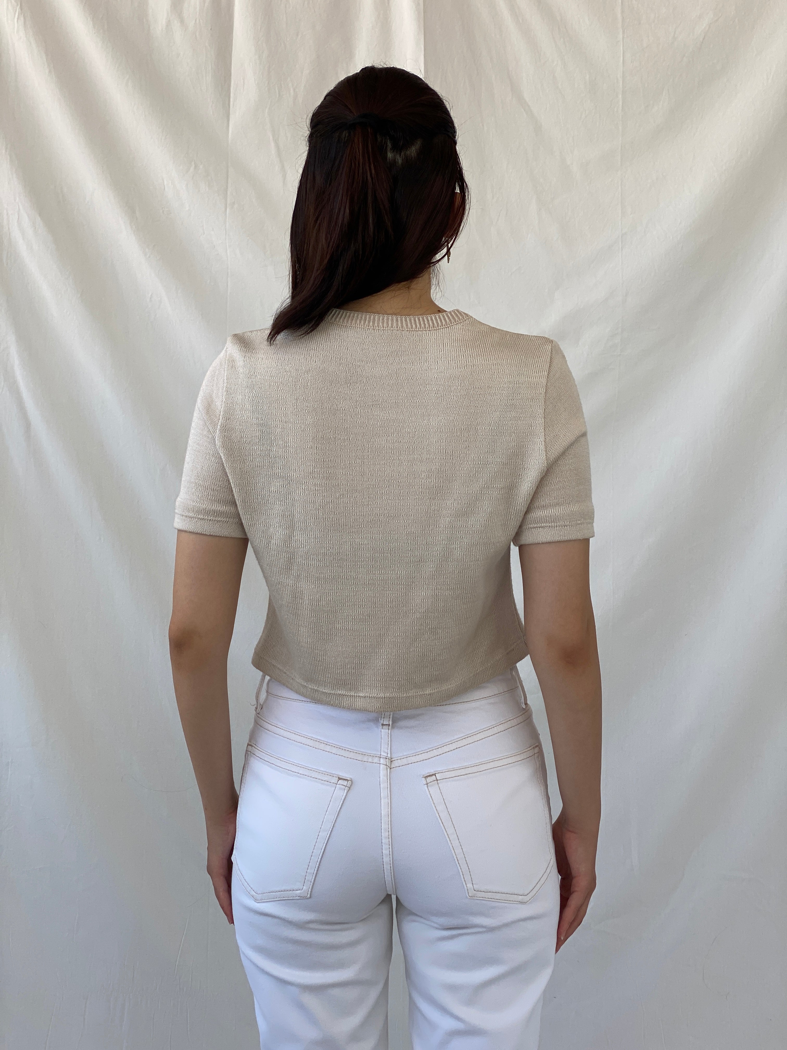 Casual Everyday Beige Knitted Short Sleeve Crop Top - M