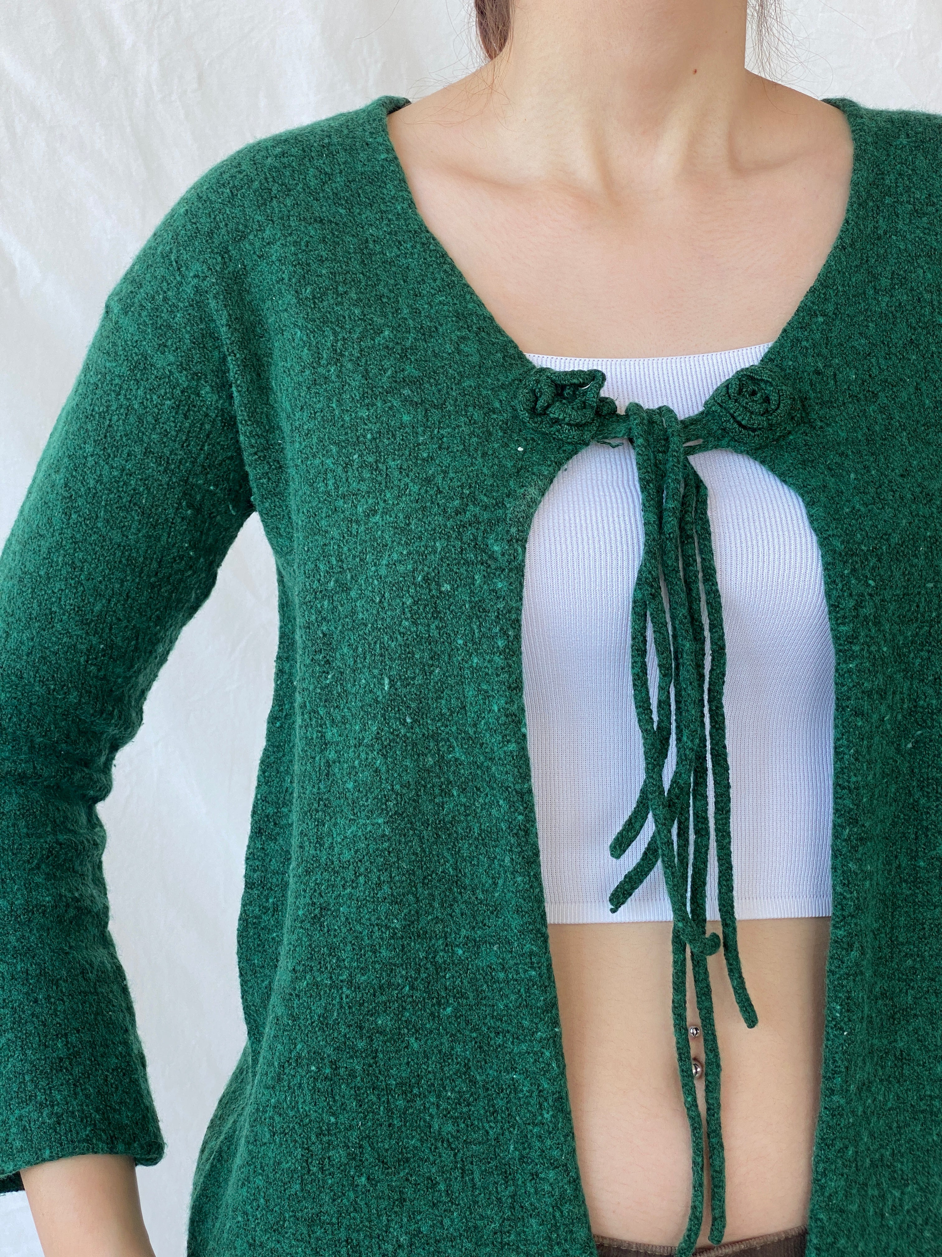 Vintage Green Knitted Women’s Wool Blend Front Tie Cardigan - L