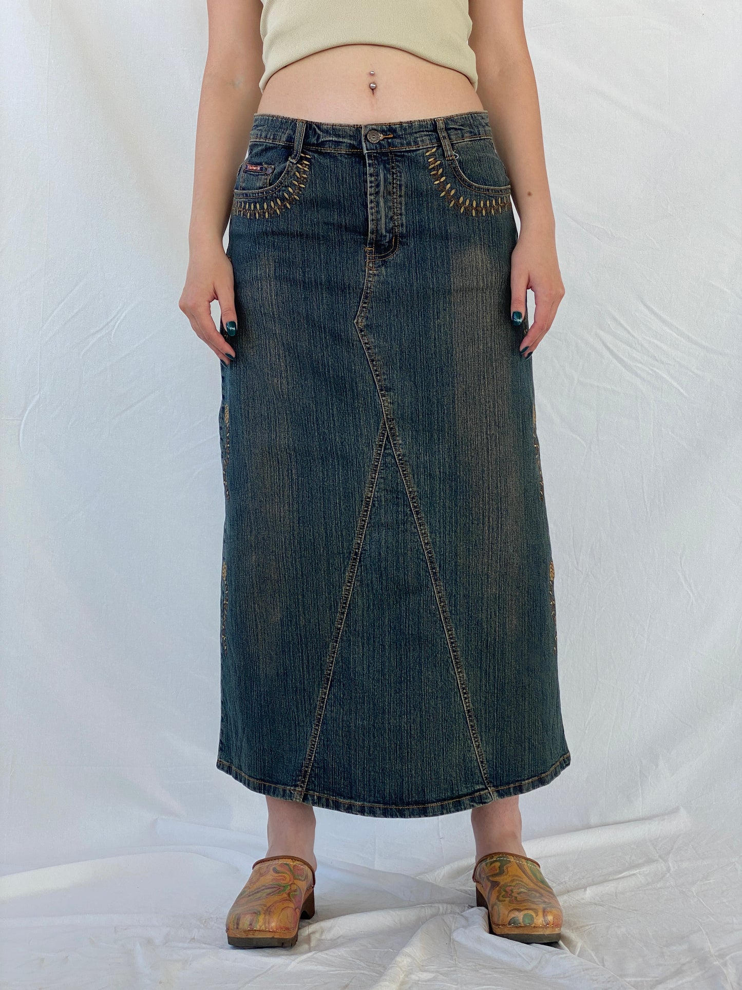 Vintage Y2K Youyipin Jeans Maxi A-line Embroidered Denim Skirt - 42EUR