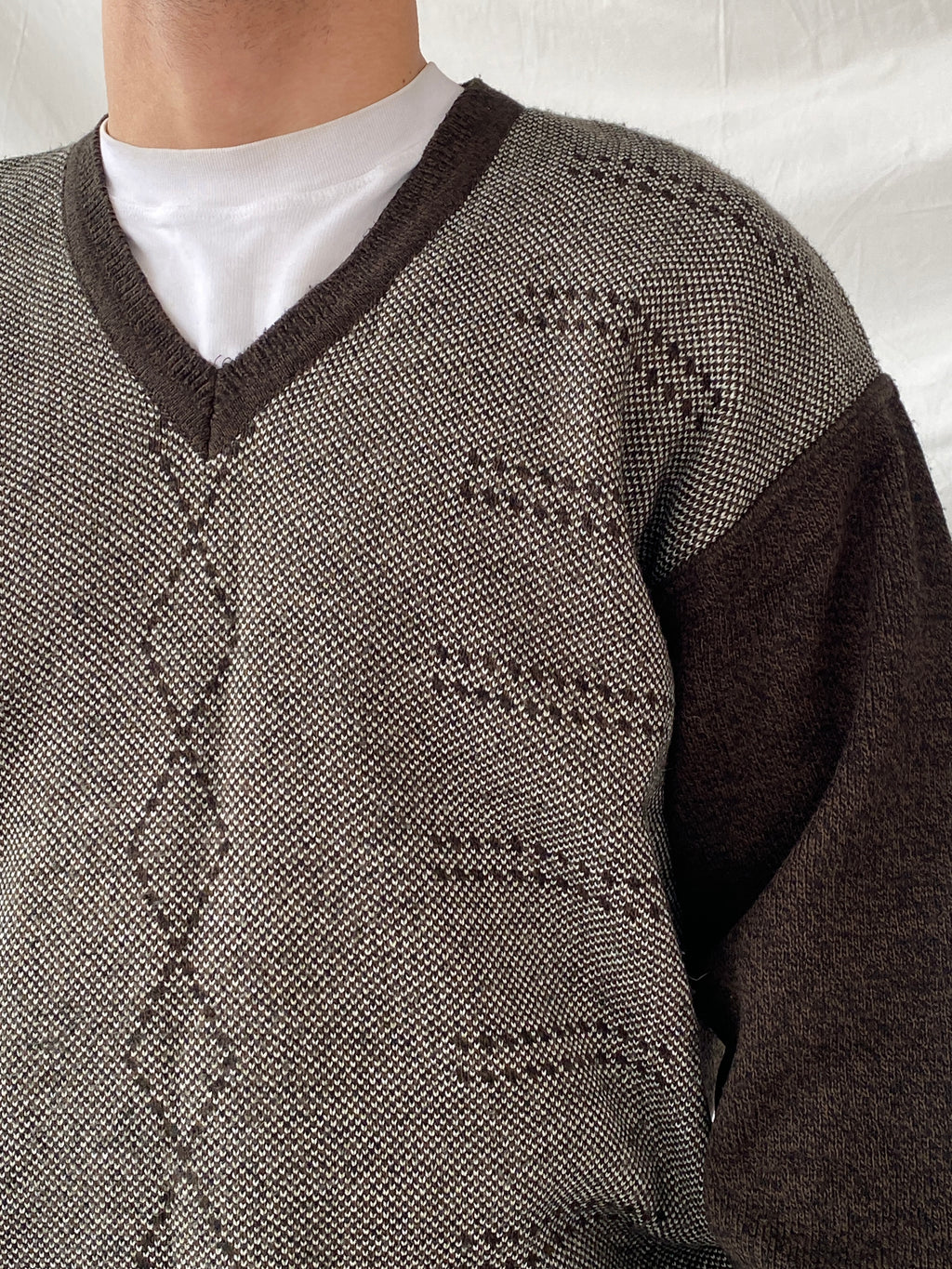 Vintage ÖzSalih Collection Brown Jumper V-Neck Knitted Sweater - M