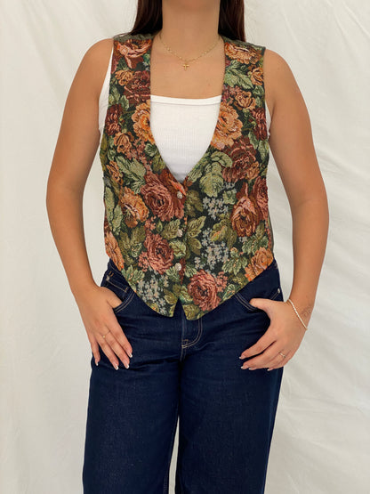 Vintage 90s Floral Tapestry Vest Green Rose Gobelin Waistcoat – L