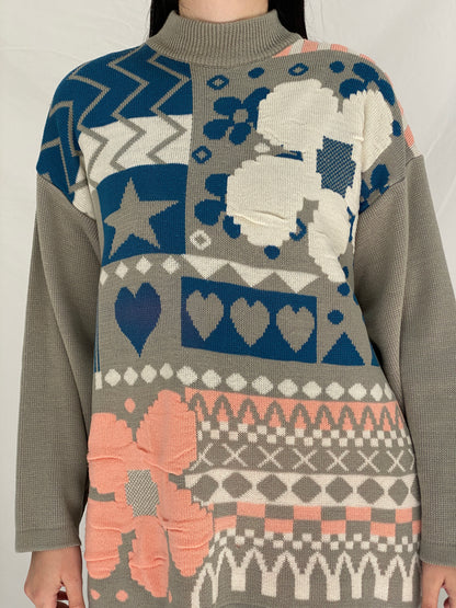 Vintage 90s Elegance EF Gray Knit Floral & Geometric Motifs Sweater - L