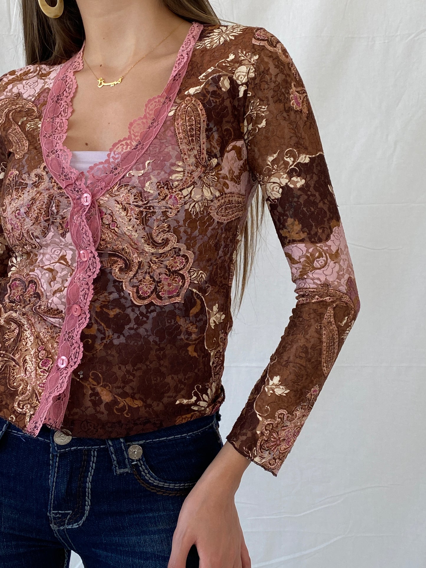 Stunning Floral Lace Button Up Brown and Pink Cardigan - S