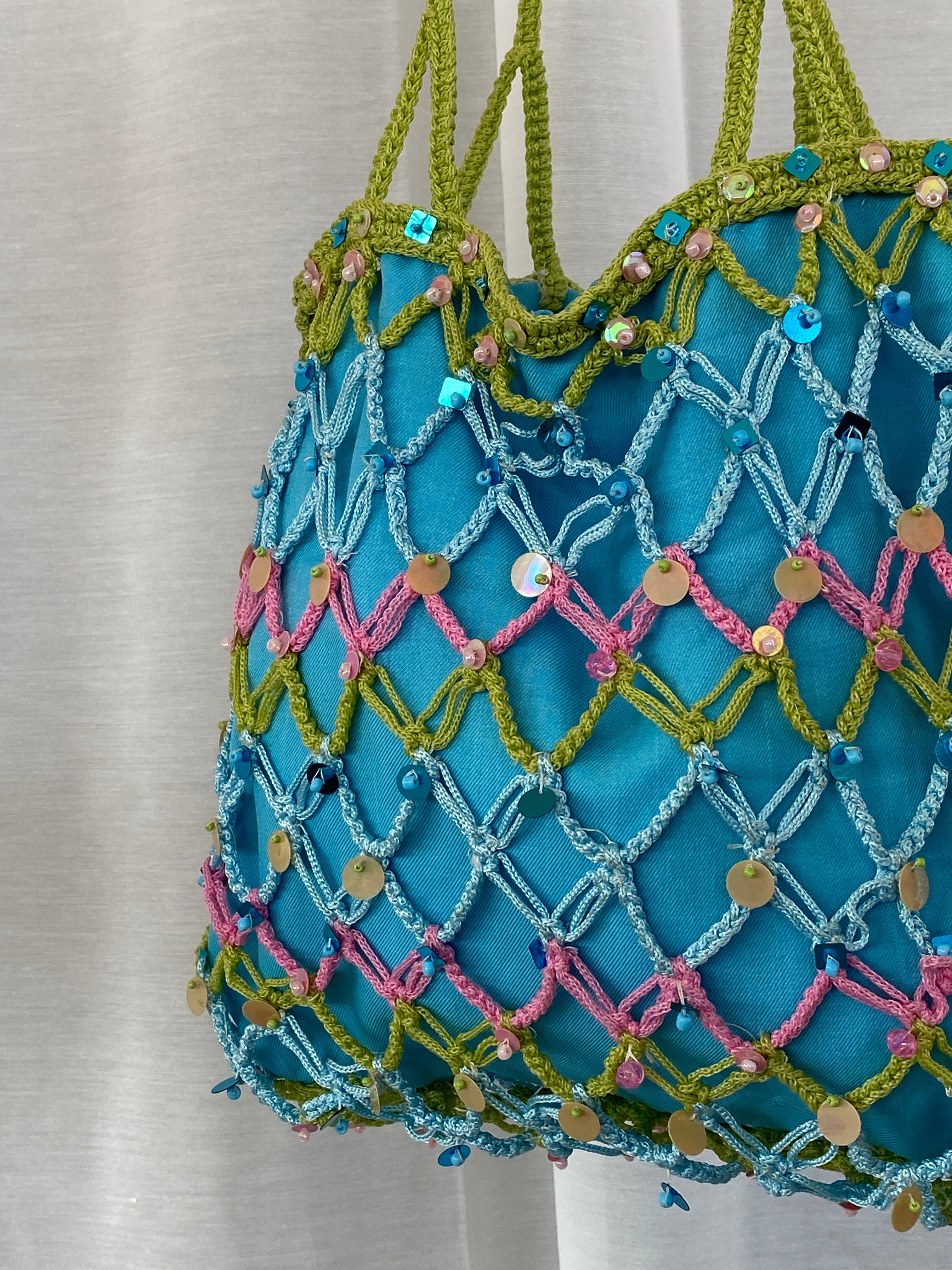 Sequin Blue Handmade Fishnet Crochet Bucket Summery Tote Bag