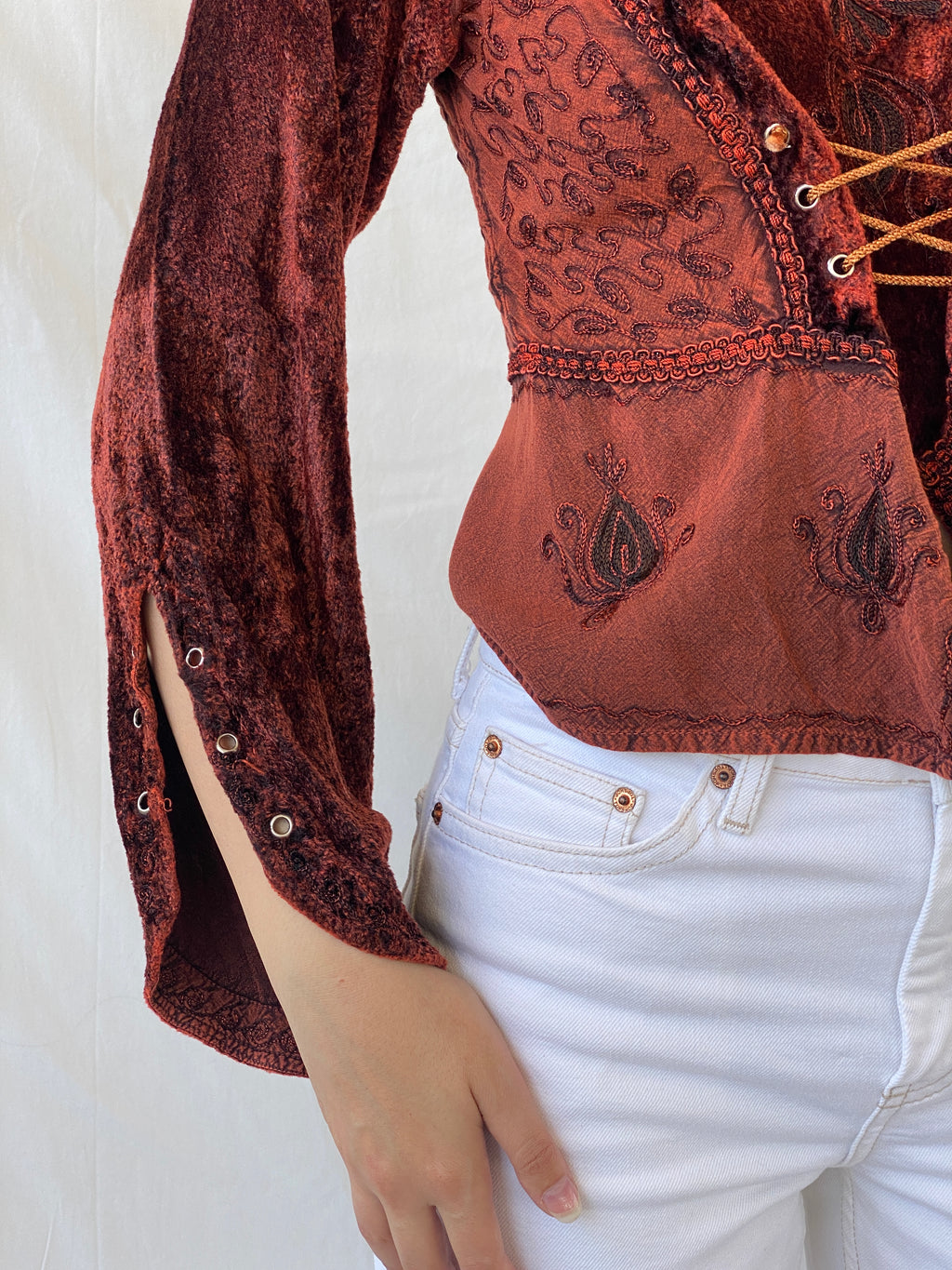 Vintage Y2K BÃRES Witchy Corset Blouse Velvet Full Sleeve Vampy Top - M