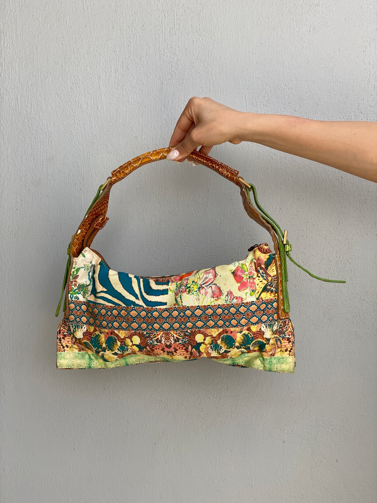 Statement Y2K Just Cavalli Graphic Print Canvas & Leather Shoulder Bag