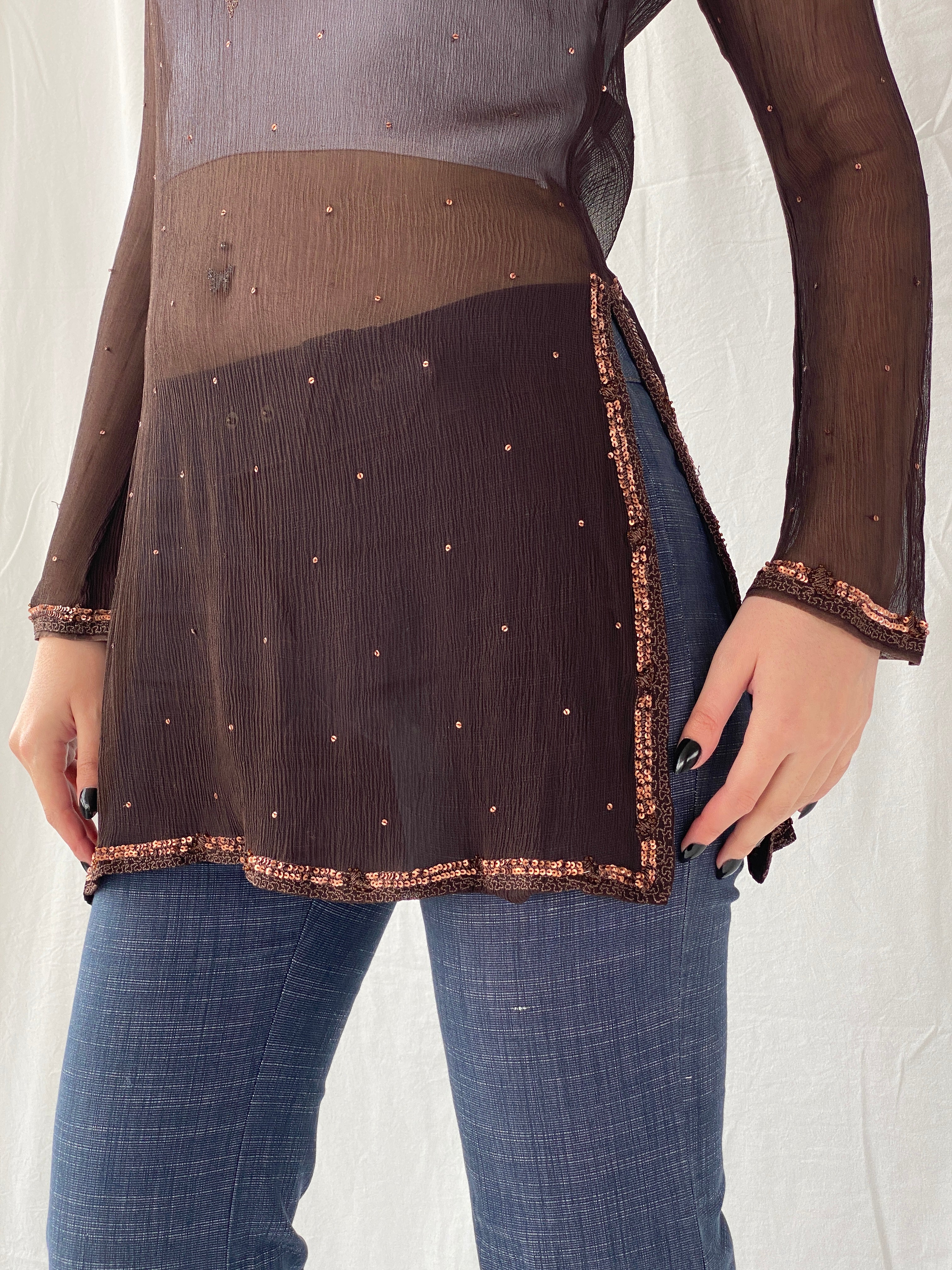 Subtle Luxury Autograph by Marks & Spencer Brown Sheer Silk Sequin Tunic Top Blouse - L