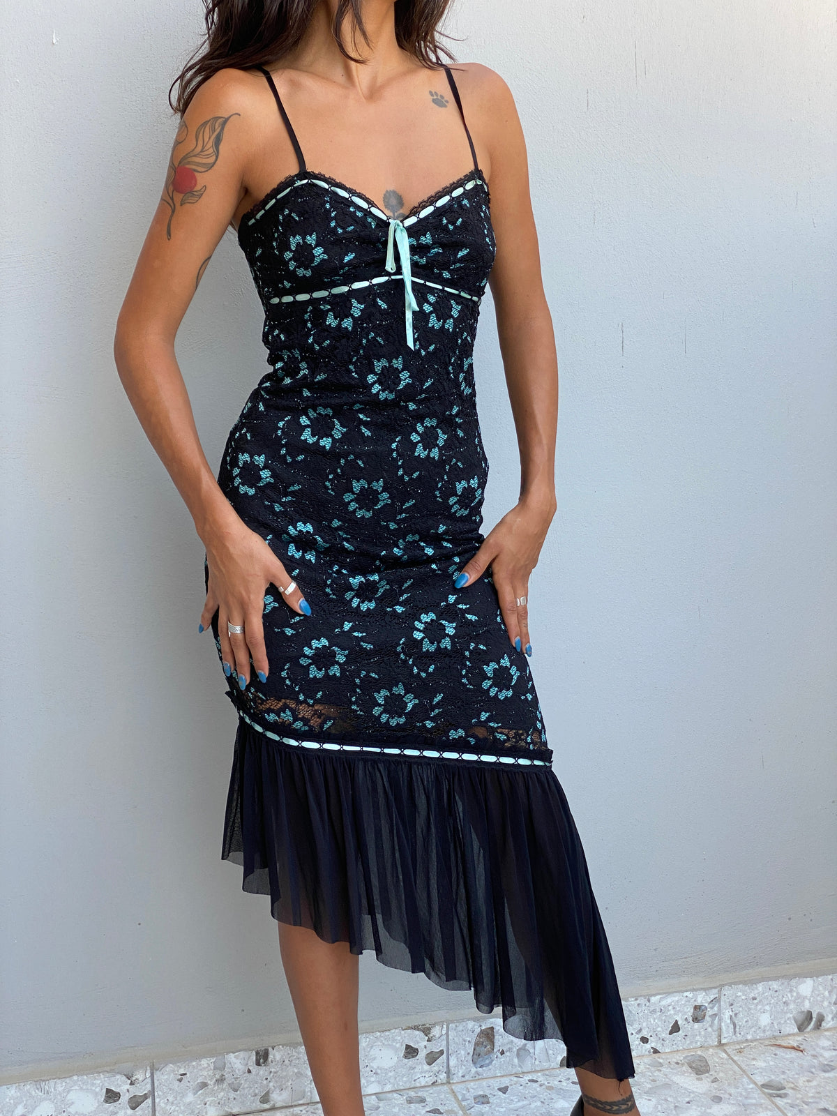 Vintage Y2K Cécilia Paris Black Lace & Aqua Floral Asymmetric Midi Dress - XS Vintage Y2K Cécilia Paris Black Lace & Aqua Floral Asymmetric Midi Dress - XS