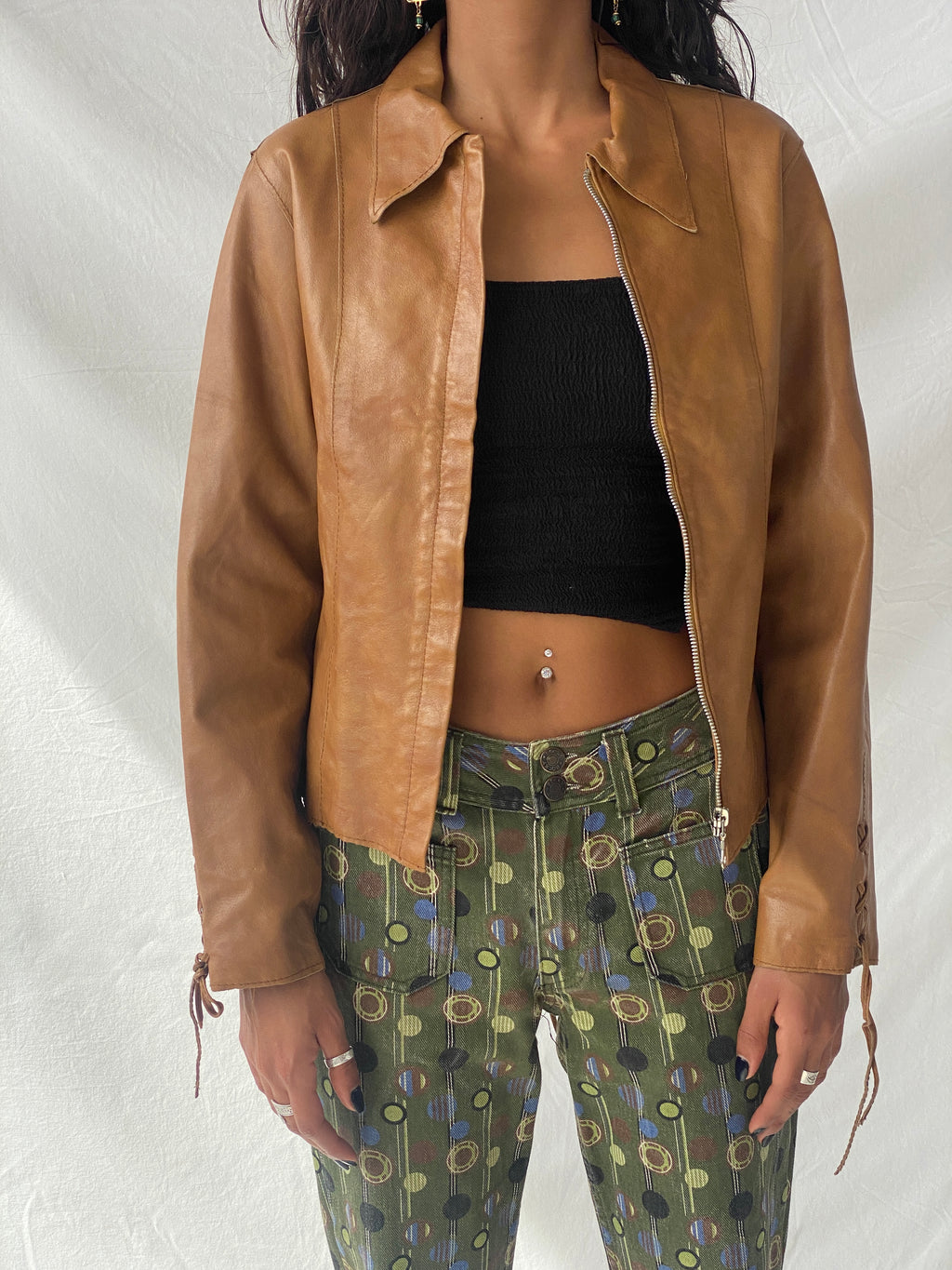 Vintage Conbipel Camel Genuine Leather Lace-up Detail Women’s Jacket - S