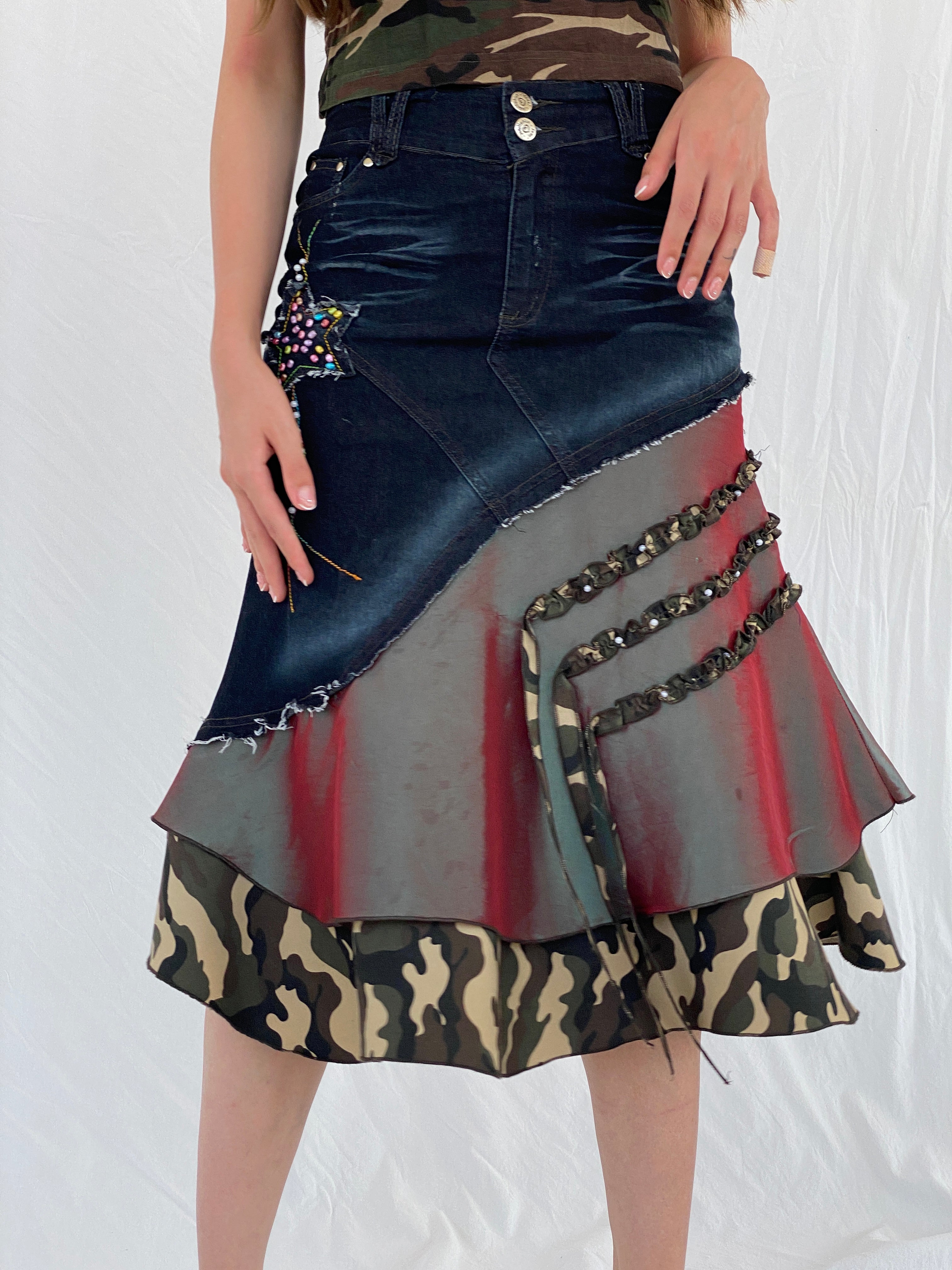 Vintage Y2K Jodel Camo Denim Midi Skirt - S