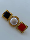 Vintage Geometric Red Black Enamel & Faux Pearl Gold-Tone Brooch