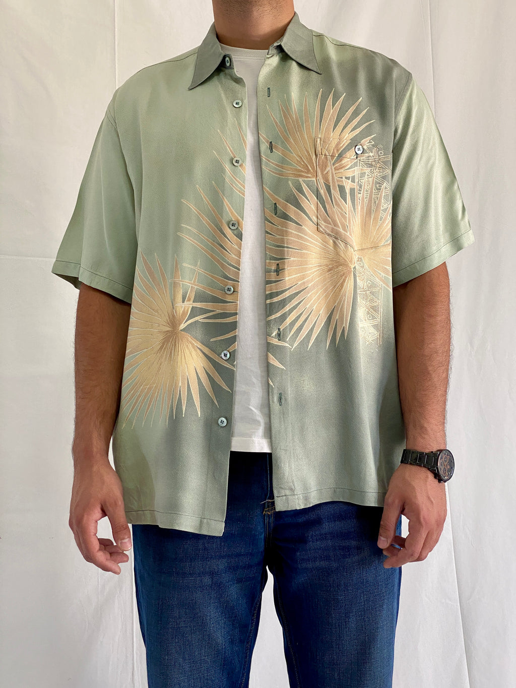 Tori Richard Honolulu Silk Blend Tropical Palm Leaf In Sage Green Men’s Hawaiian Aloha Shirt - L
