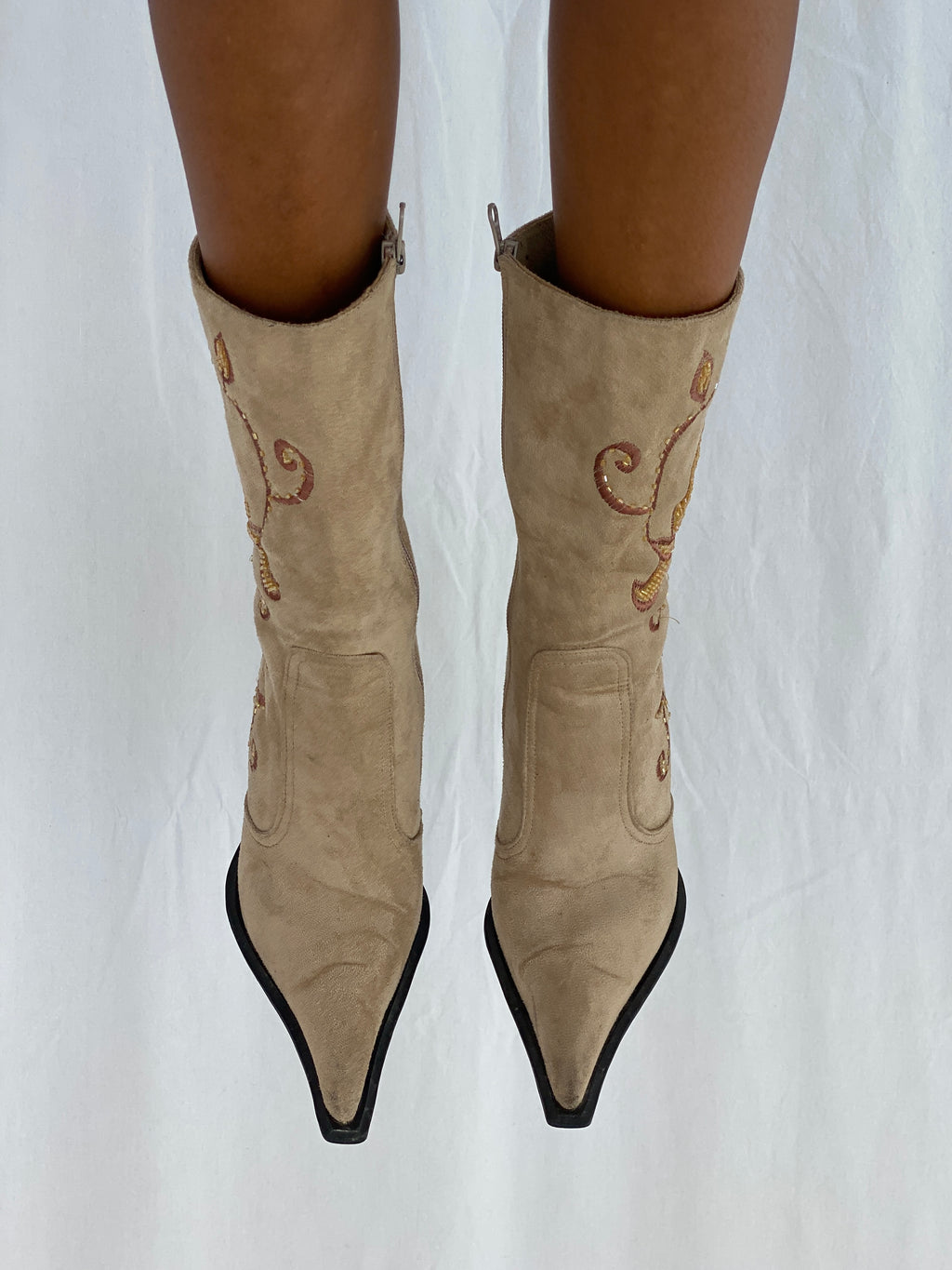 Vintage Milano Camel Suede Western Embellished Heel Boots