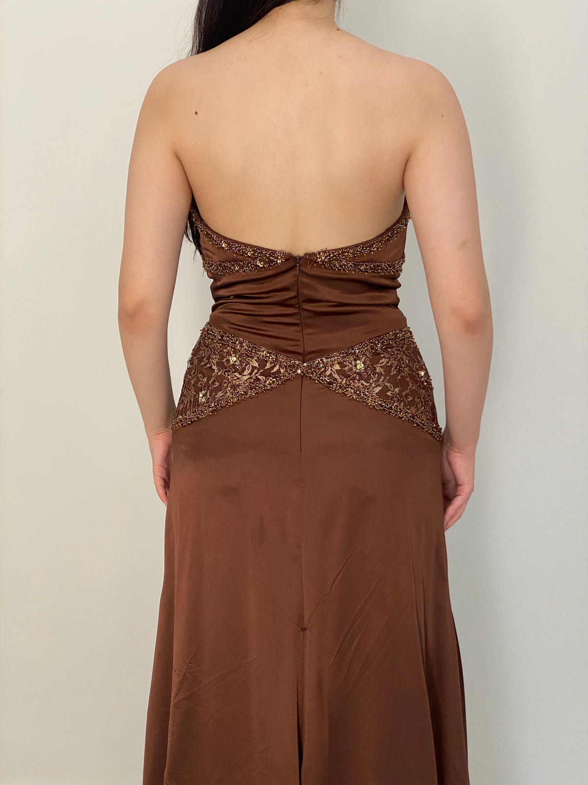 Vintage Party Time Brown Beaded Lace Strapless Formal Gown – M