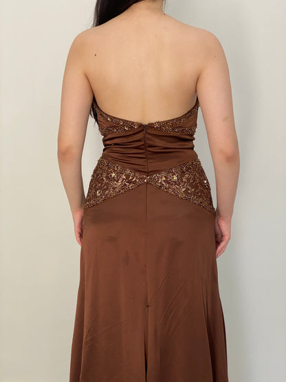 Vintage Party Time Brown Beaded Lace Strapless Formal Gown – M