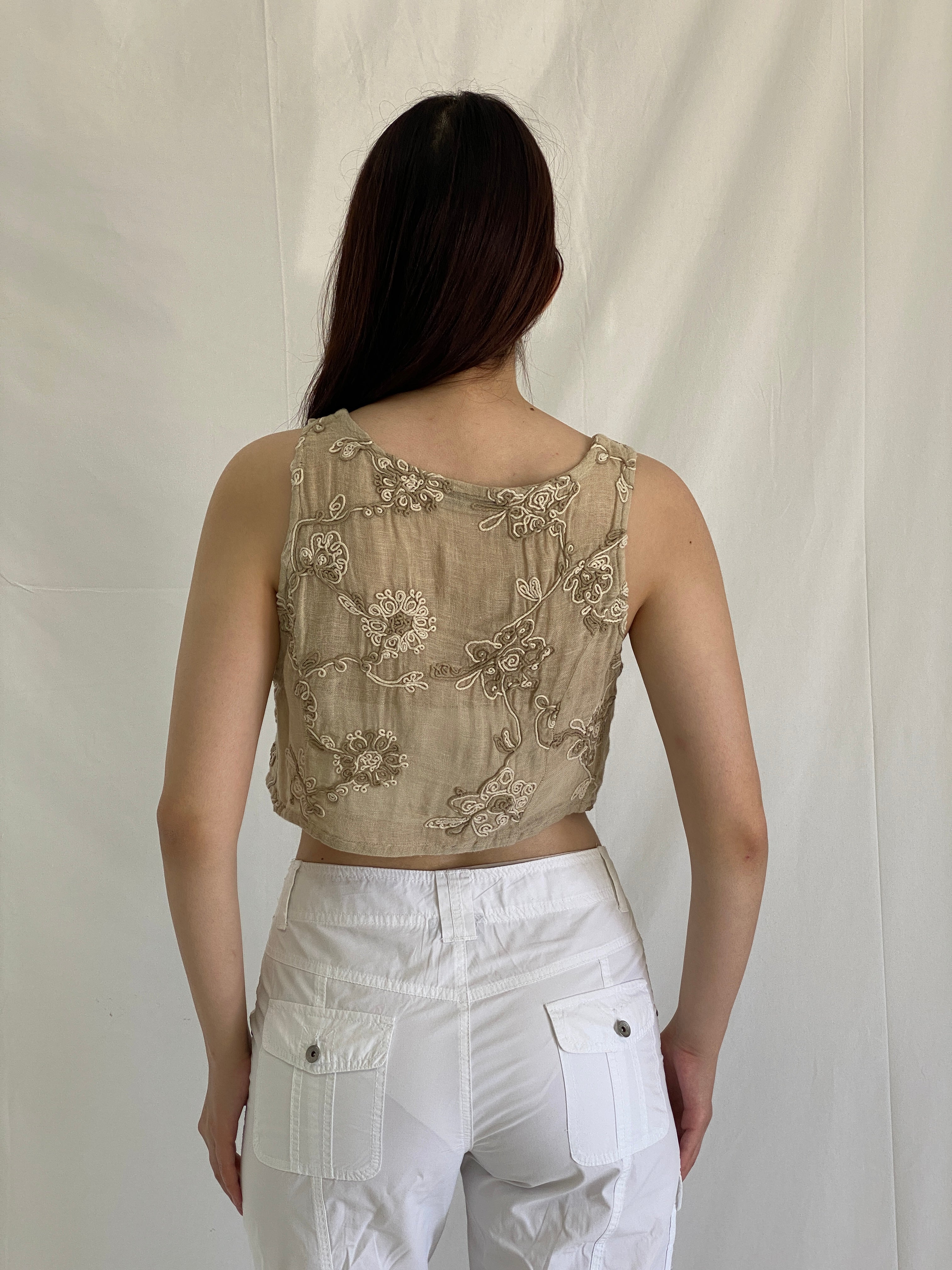 Hucke Berlin Linen Cropped Vest Embroidered Button Front Beige Sleeveless Top - M