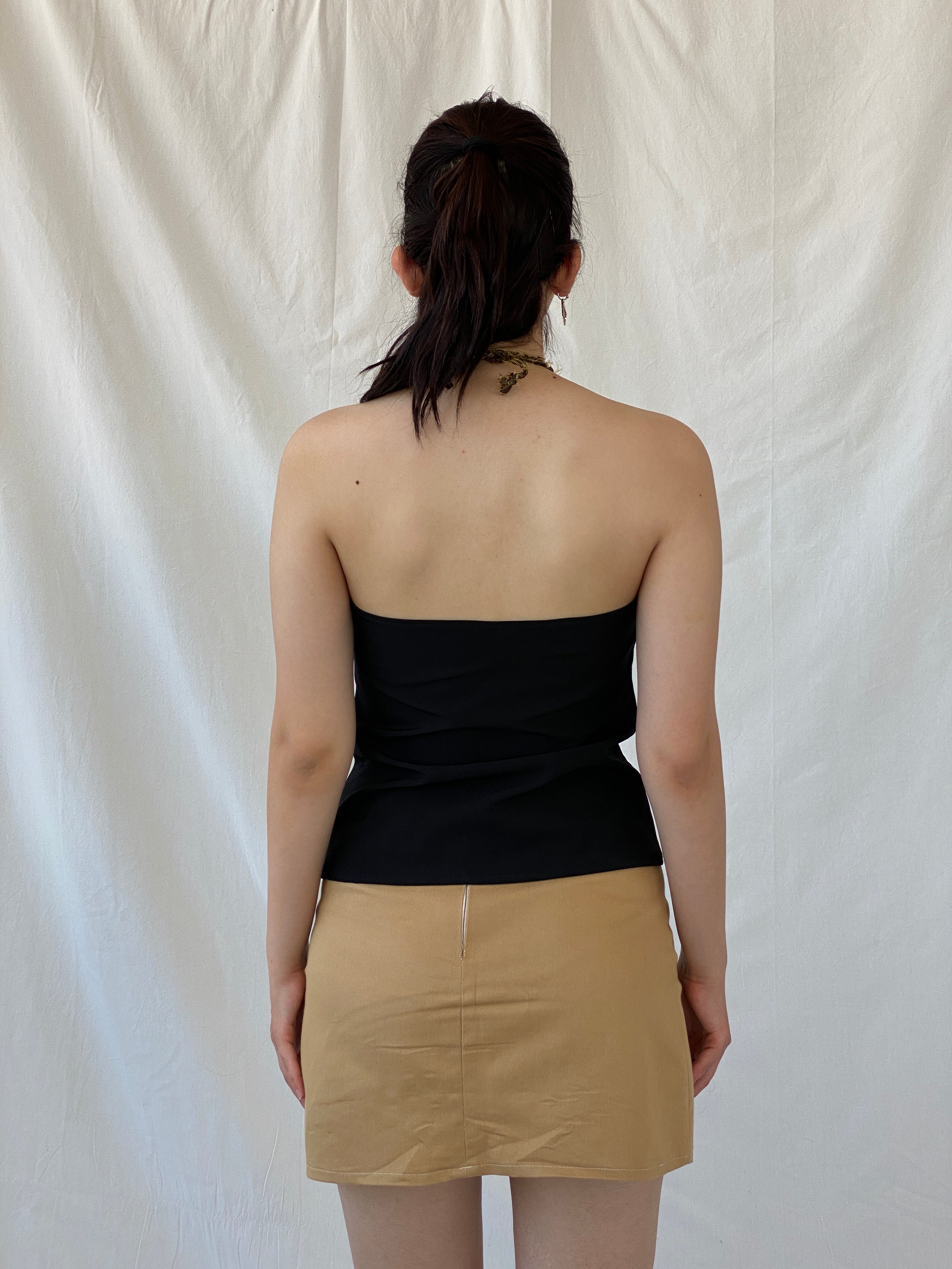 Vintage Y2K Black Halter Top Leopard Fuzzy Backless Top - M