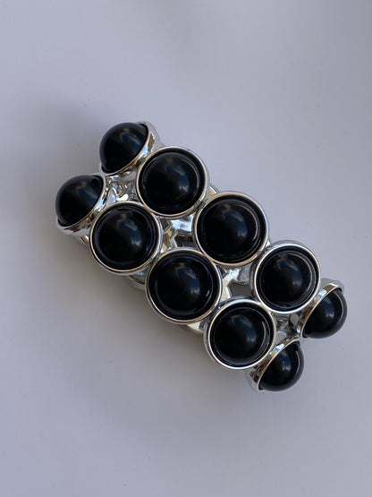 Vintage Black Cabochon Silver Tone Elastic Cuff Bracelet