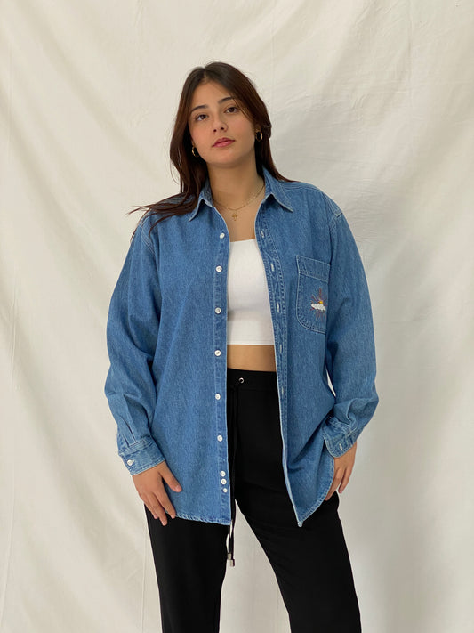 Vintage Disney Store Oversized Denim Shirt Embroidered Sun Cloud Patch Button Up Shirt - S