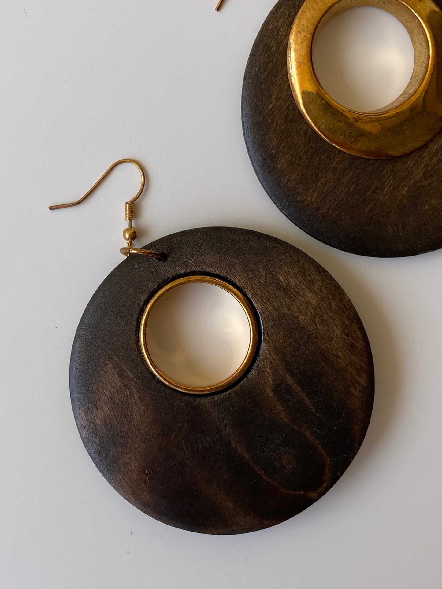 Vintage Dark Wood Round Disc Drop Earrings with Gold Brass Circle Centre