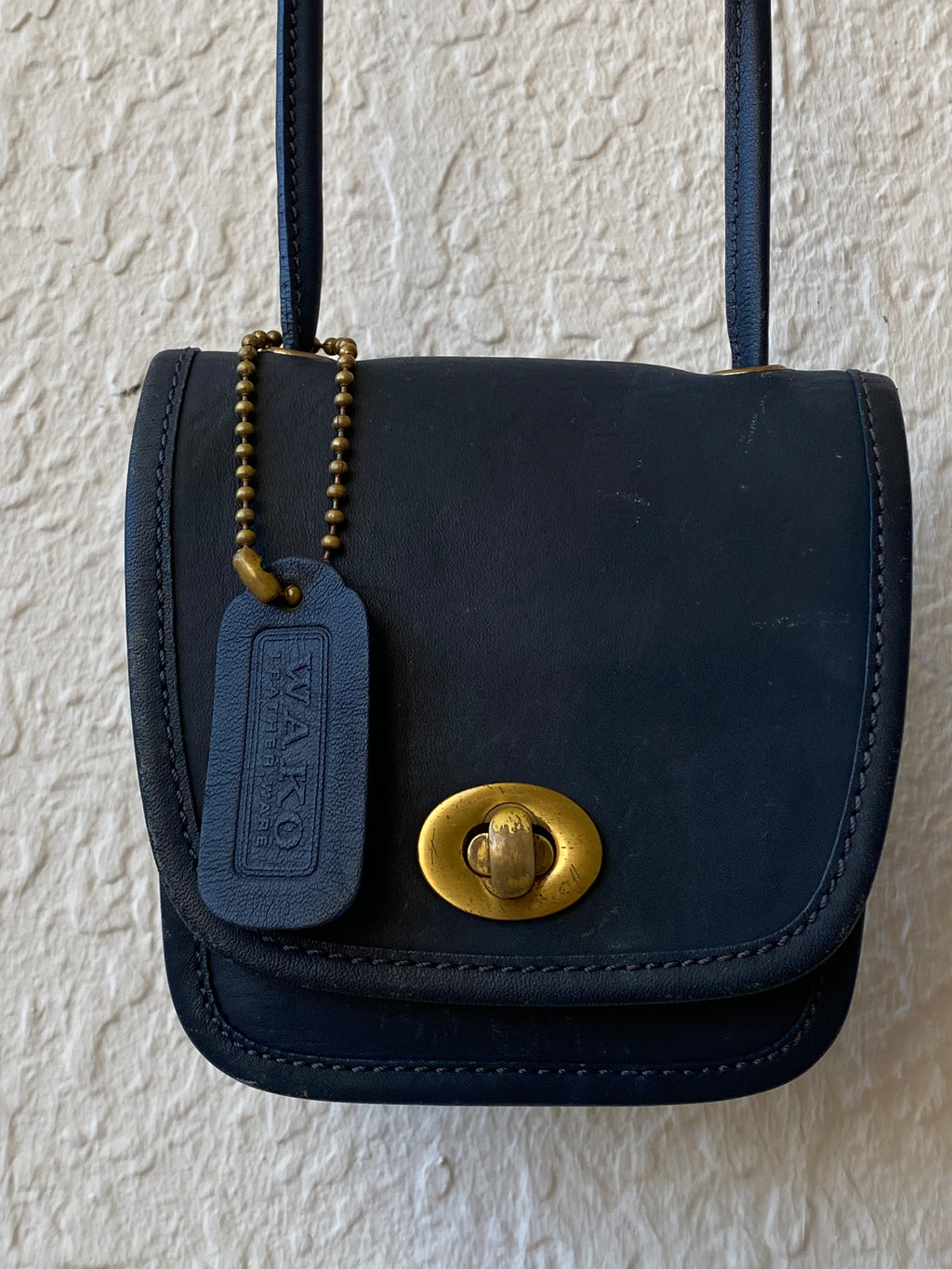 Vintage 80s WAKO Leather Work Dark Navy Mini Crossbody Bag with Extra Long Straps