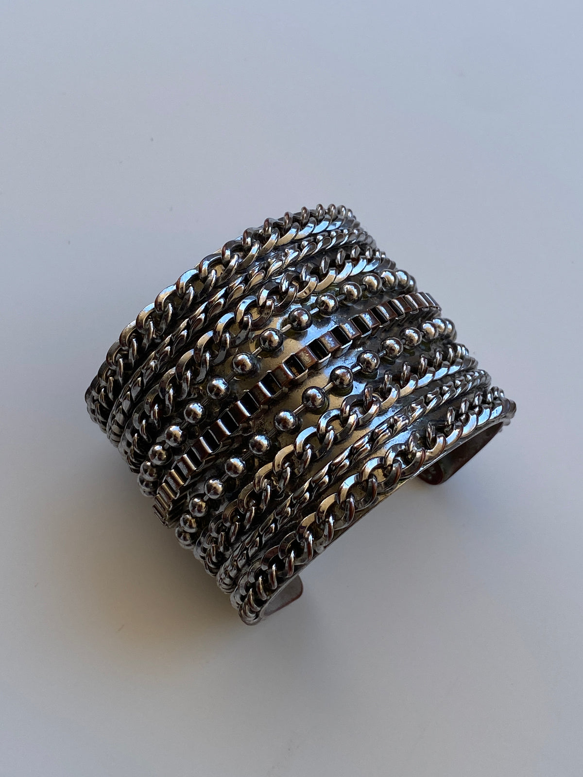 Vintage 90s/Y2K Cookie Lee Silver-Tone Mixed Chain Wide Statement Cuff Bracelet