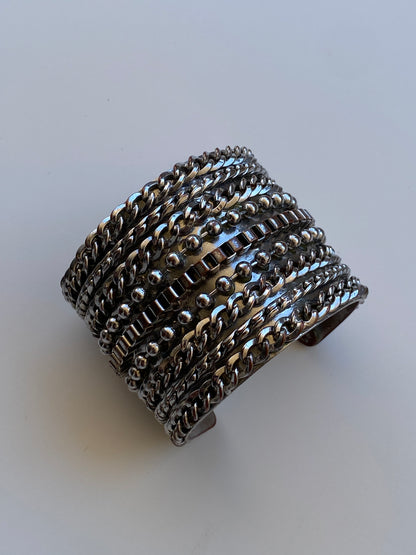 Vintage 90s/Y2K Cookie Lee Silver-Tone Mixed Chain Wide Statement Cuff Bracelet