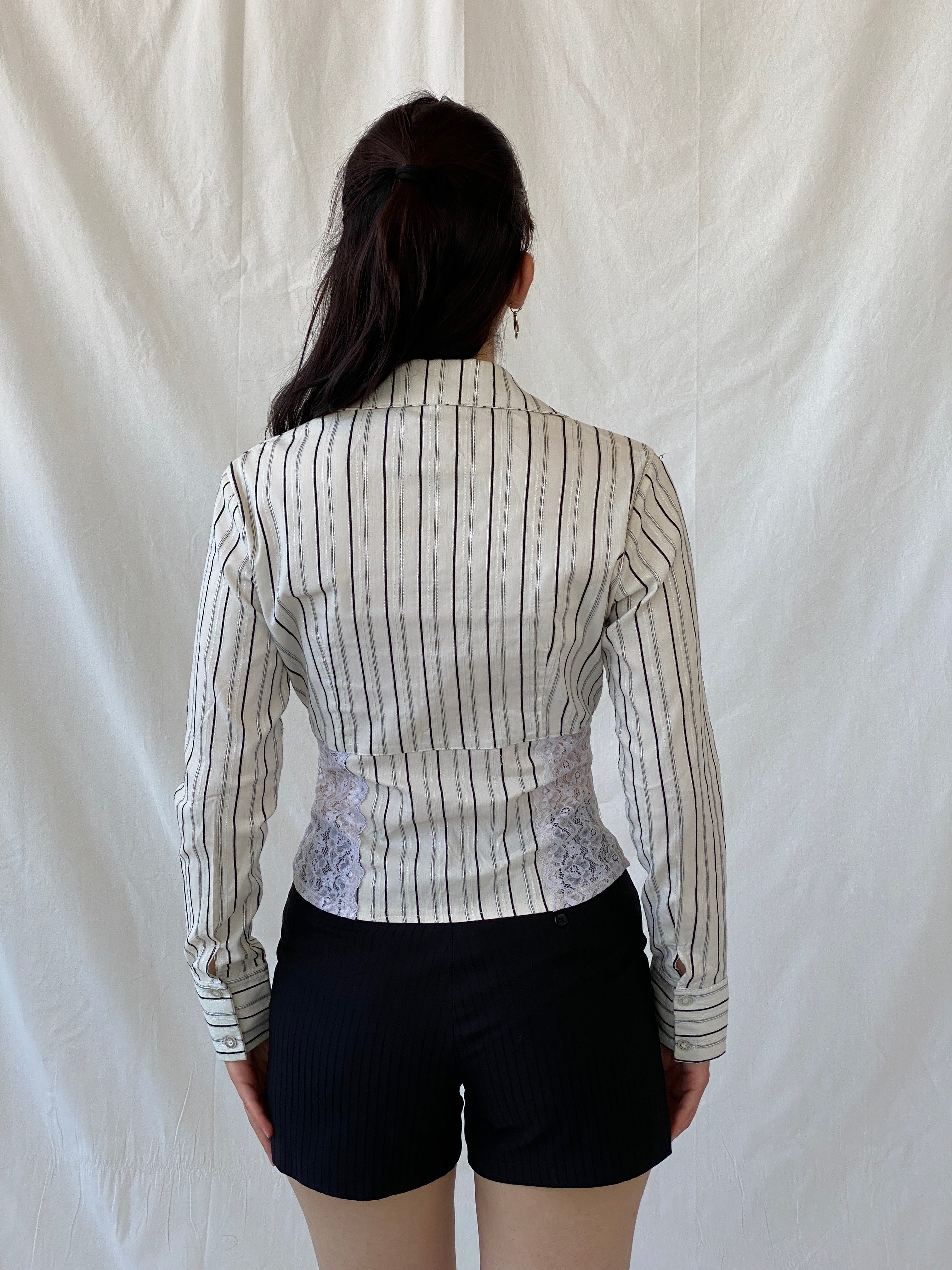 Y2K Explosion White Black Striped Office Core Full Sleeve Shirt - S