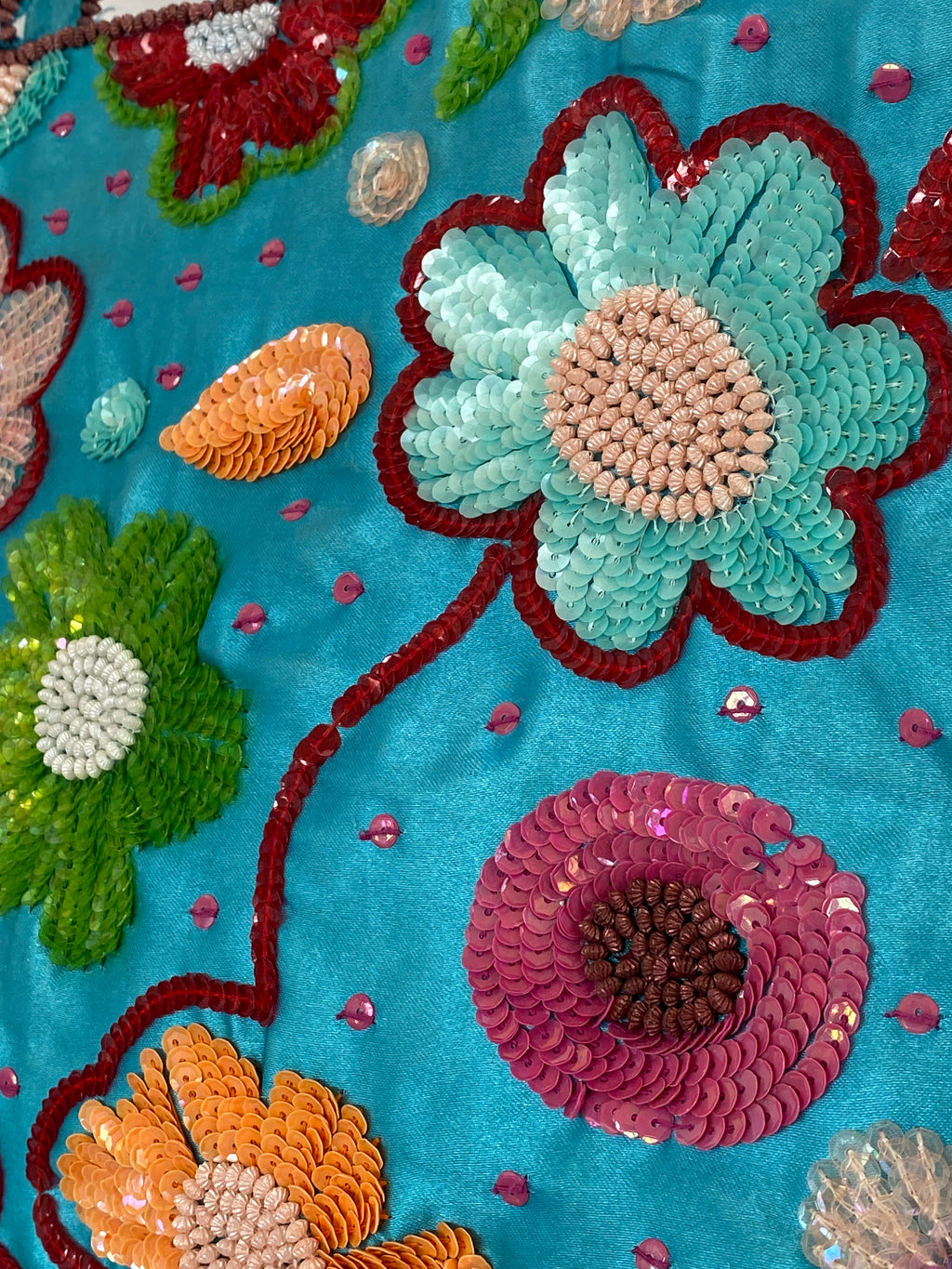 Beautiful Blue Satin Floral Sequined Beaded Strap Tote Bag