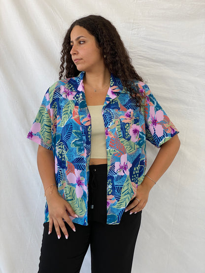 Vintage IMAGE Colorful Blue and Pink Tropical Floral Button Shirt - XL