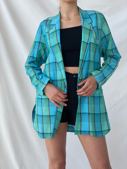 Vintage 80s/90s Instant Shop Green & Blue Plaid Oversized Blazer - L