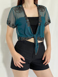 Vintage Teal Sheer Beaded Cropped Cardigan Top - M