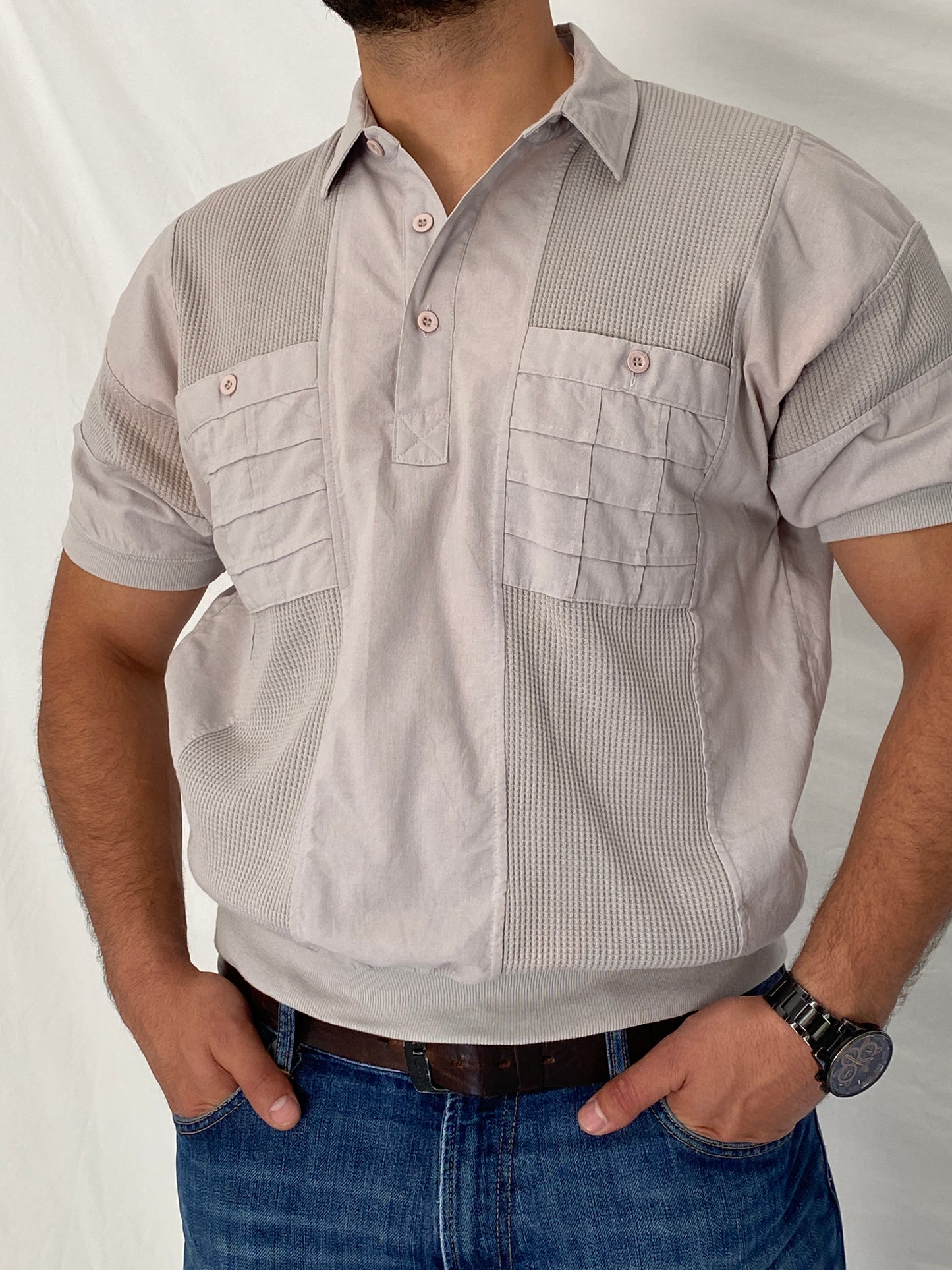 Vintage 90s Alexxus Exclusive Gray Textured Panel Polo Shirt – L