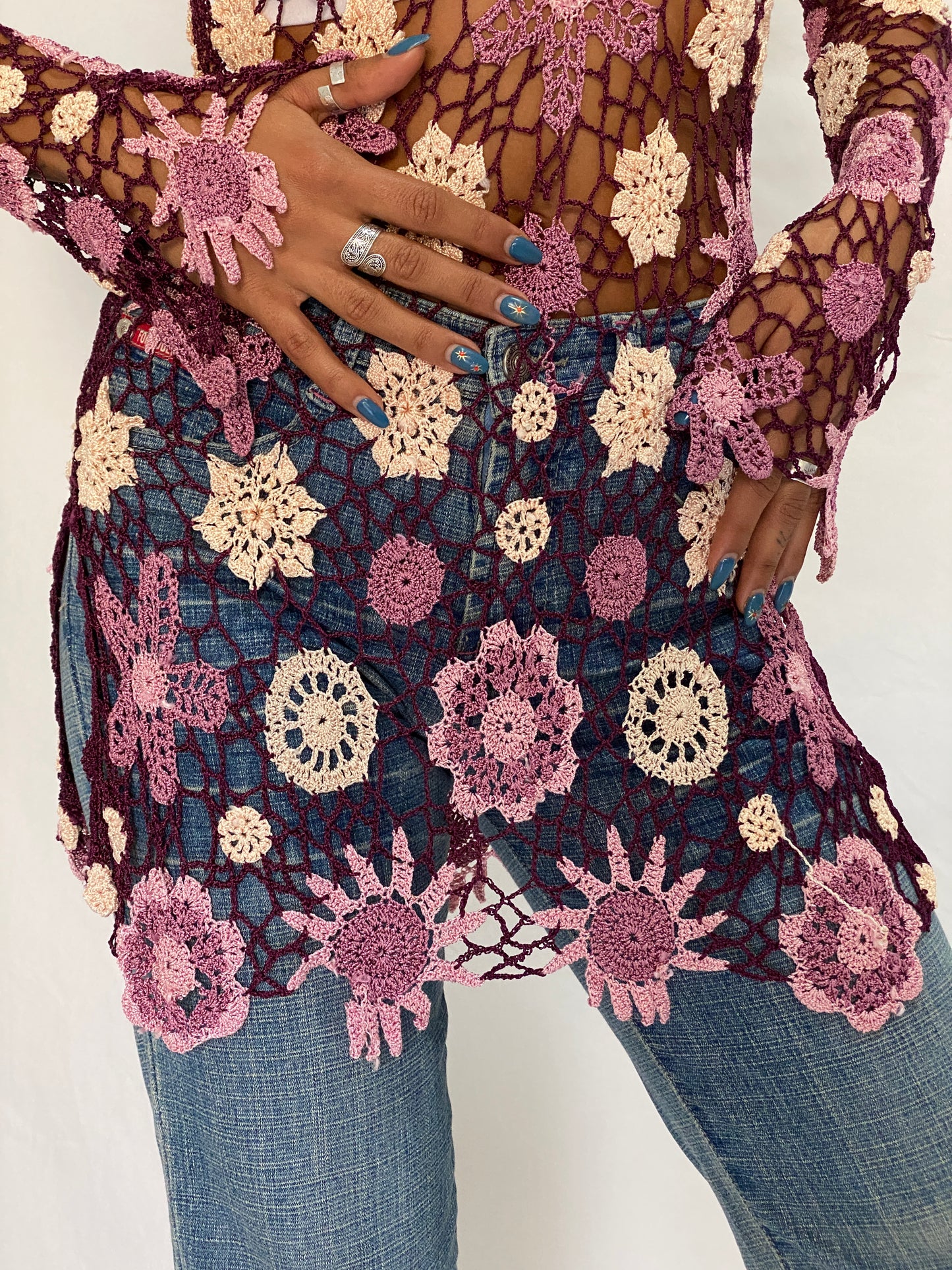 Y2K Floral Crochet Cover-Up Purple & Pink Festival Top – Free Size