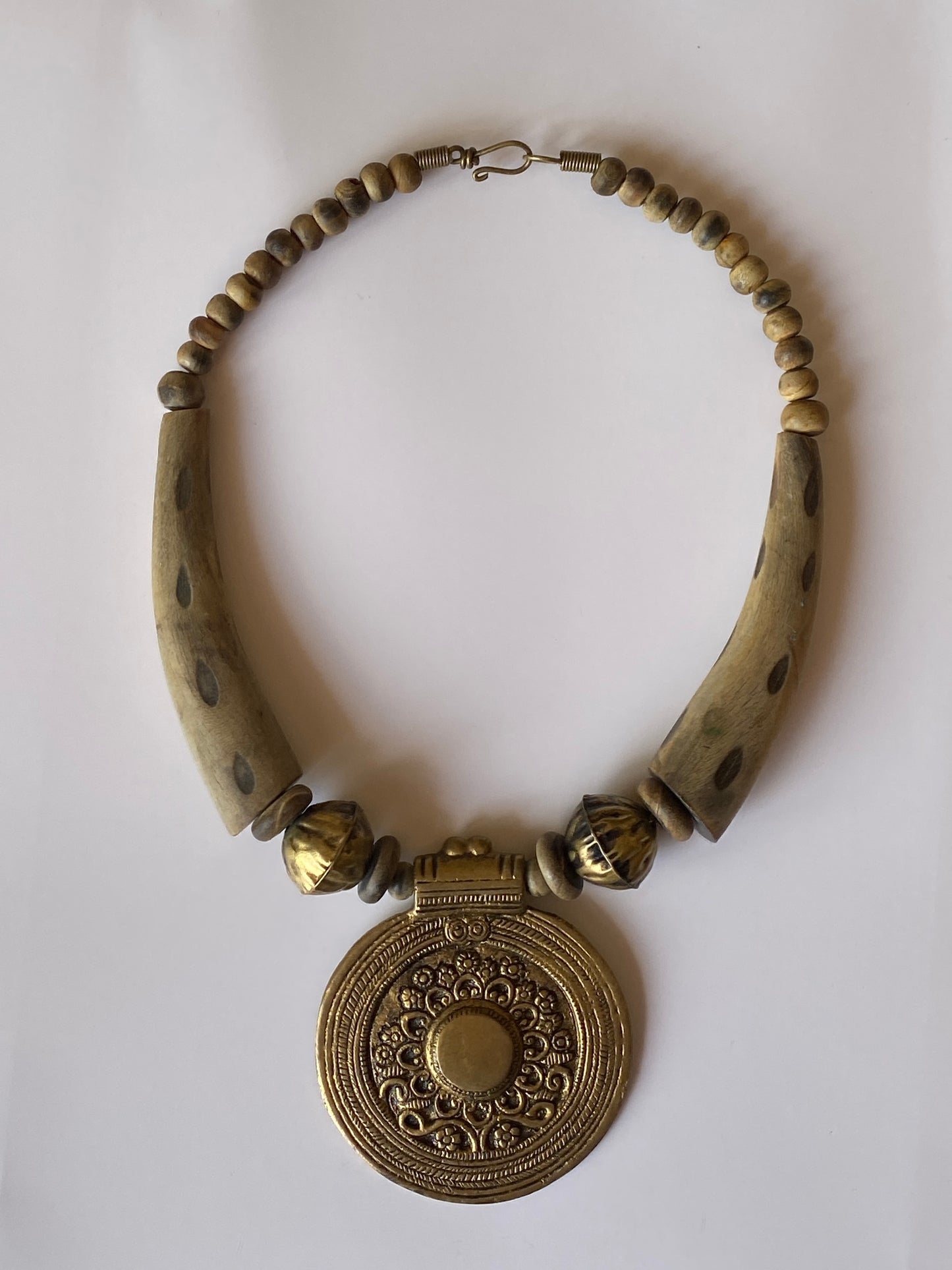 Vintage Boho Ethnic Wood Brass Statement Necklace