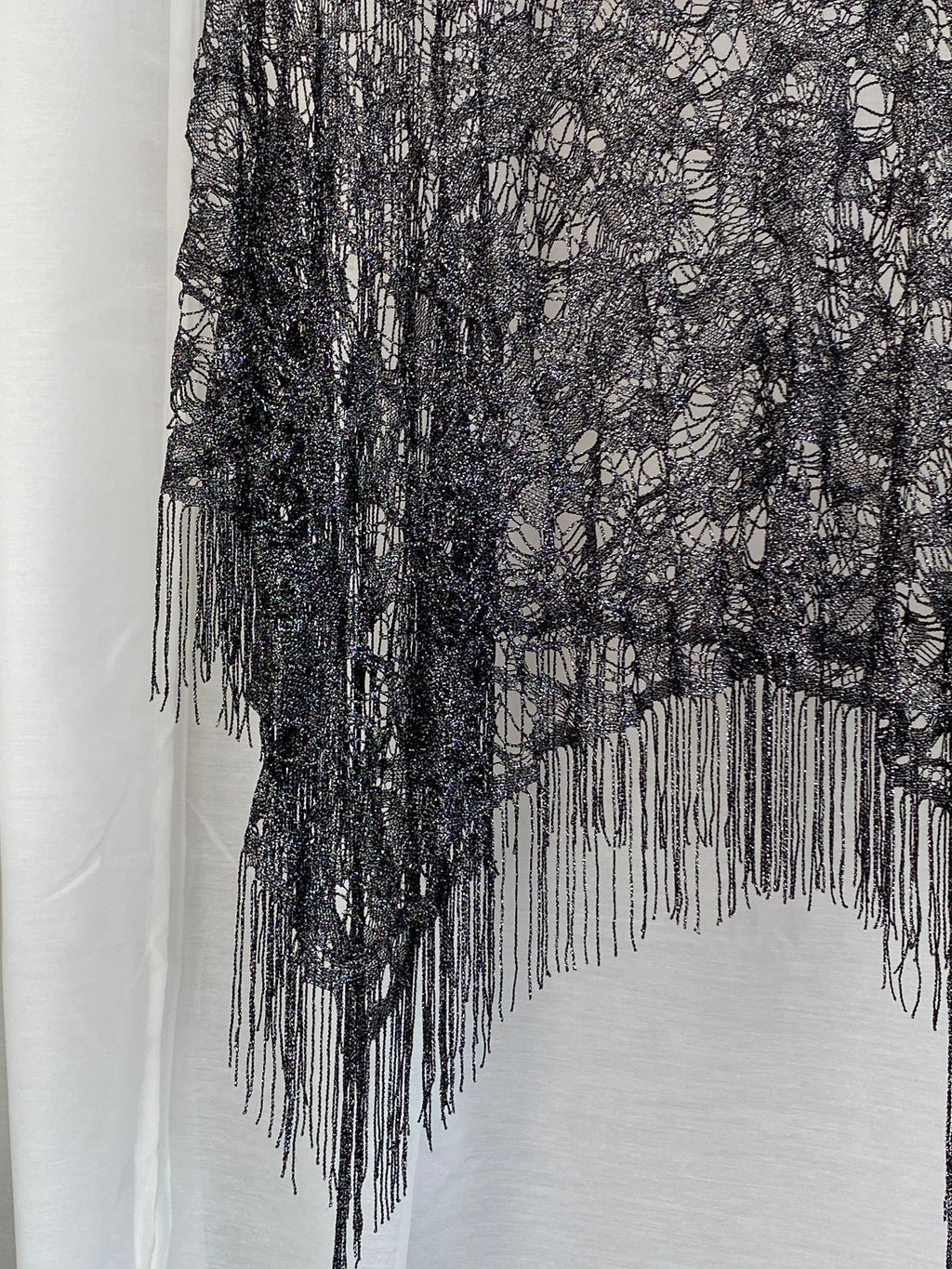 Rare Vintage Tabloid Metallic Black Knit Fringe Poncho – Sheer Boho Festival Shawl