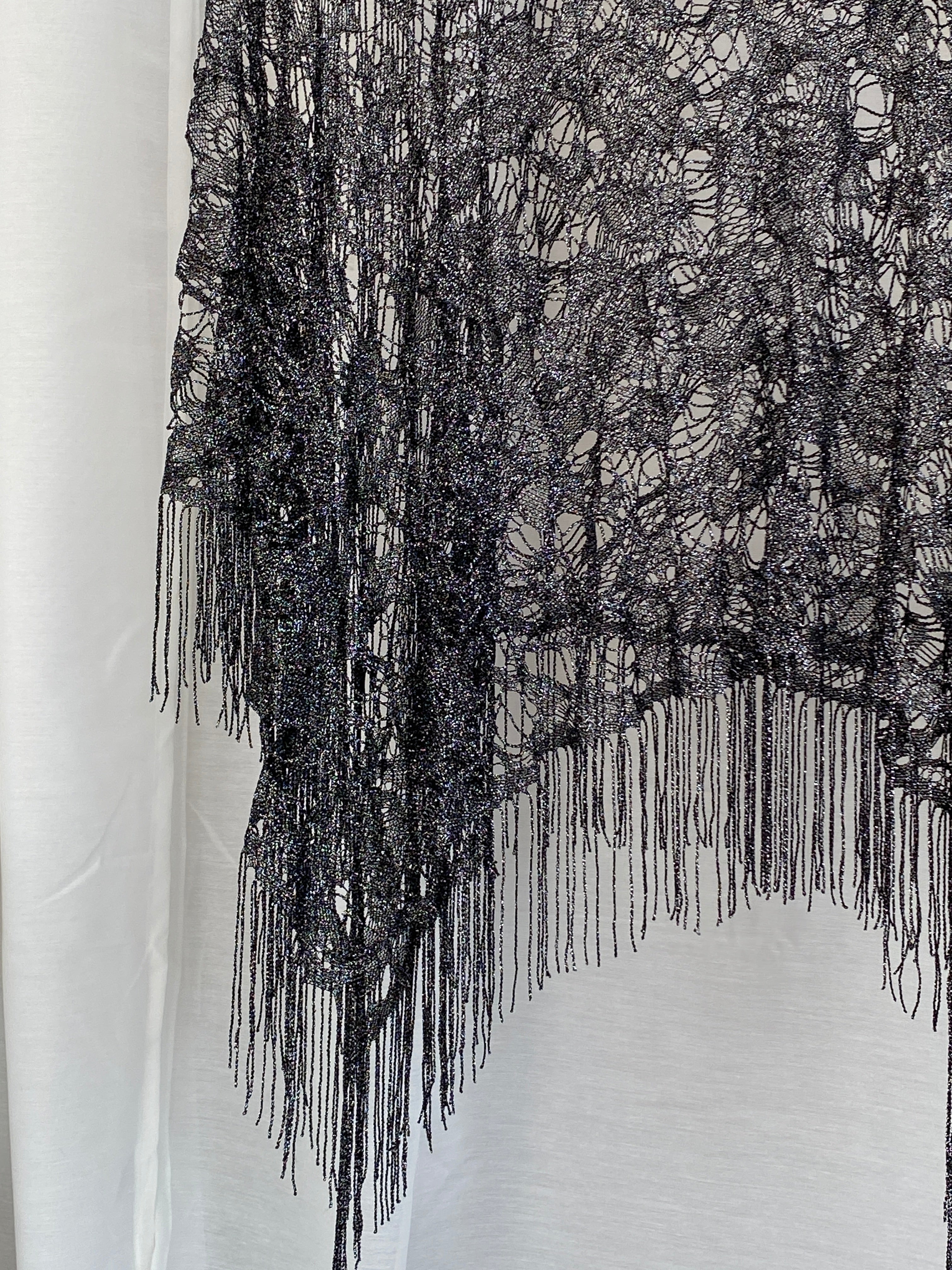 Rare Vintage Tabloid Metallic Black Knit Fringe Poncho – Sheer Boho Festival Shawl