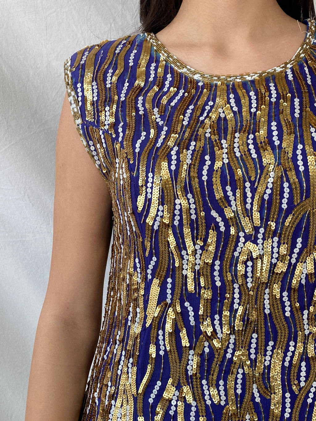 Vintage Razzle Dazzle Pure Silk Blue Gold Sequin Boxy Midi Dress - M