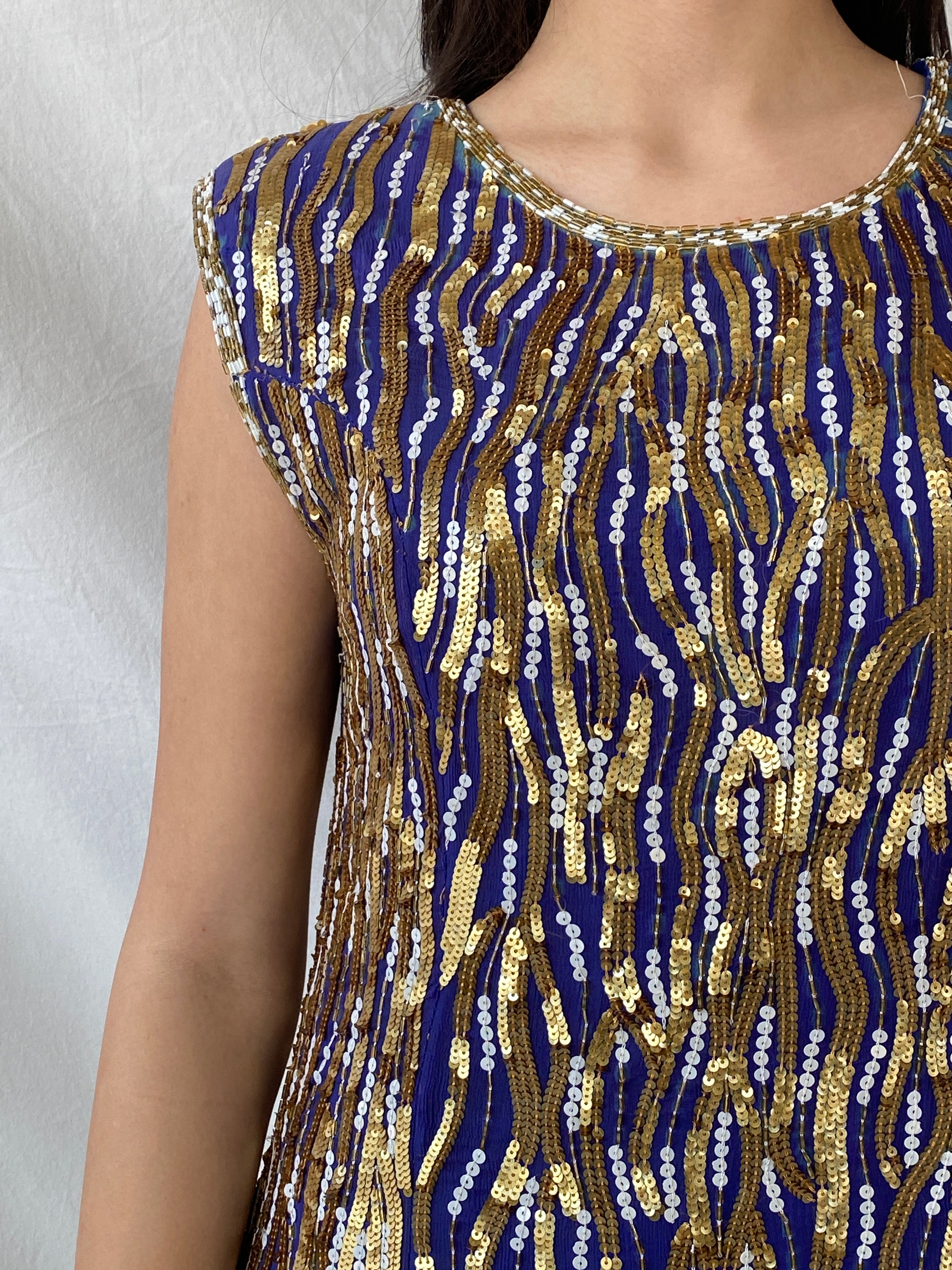 Vintage Razzle Dazzle Pure Silk Blue Gold Sequin Boxy Midi Dress - M