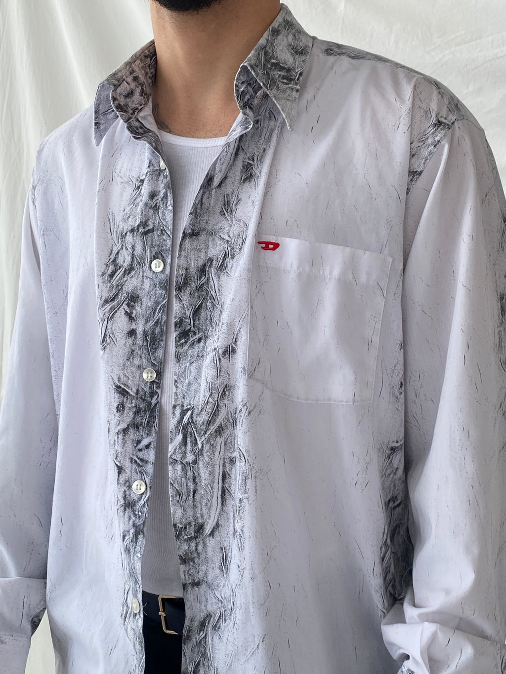 قميص جينز أفانت جارد رجالي بأكمام طويلة وأزرار من ديزل Y2K - مقاس كبير