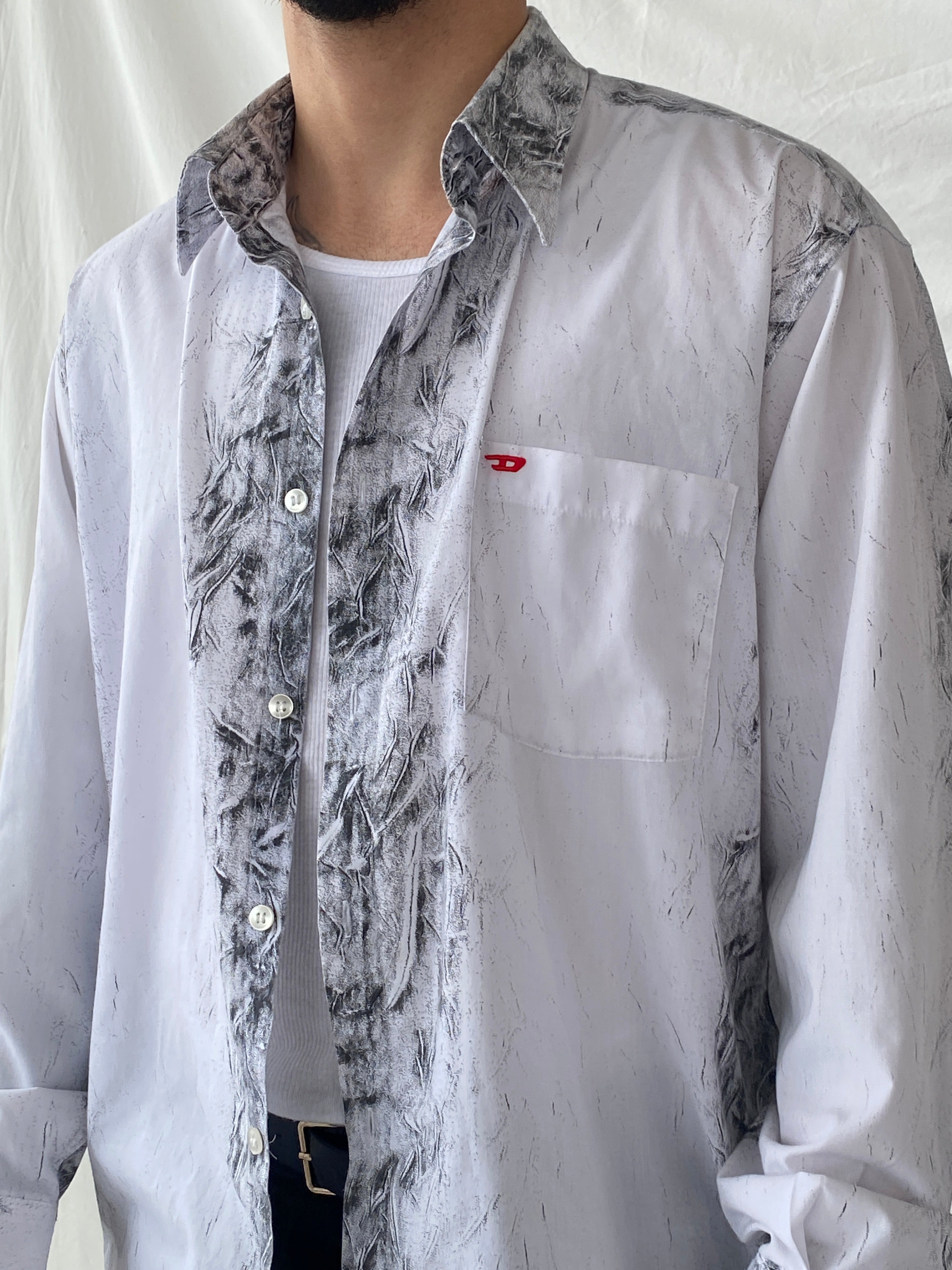 قميص جينز أفانت جارد رجالي بأكمام طويلة وأزرار من ديزل Y2K - مقاس كبير