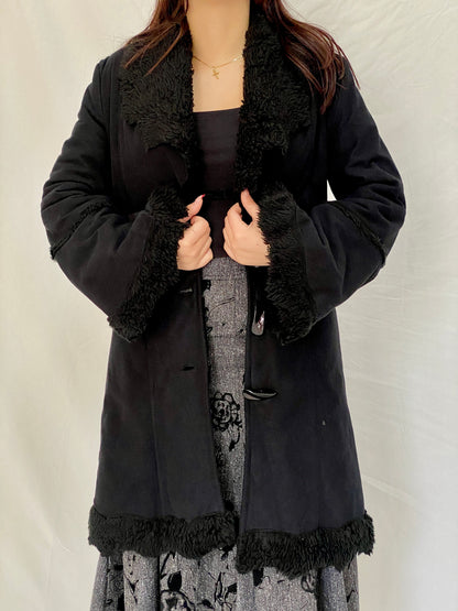 Vintage De Blue Black Penny Lane Faux Fur Lined Long Coat Toggle Closure Jacket - M