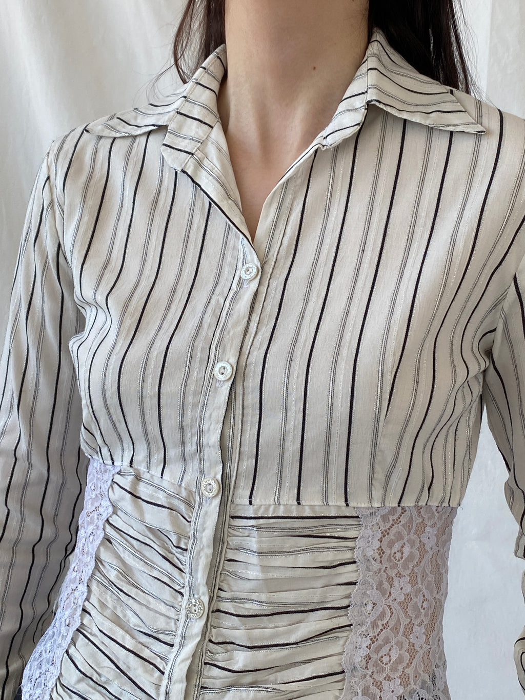 Y2K Explosion White Black Striped Office Core Full Sleeve Shirt - S