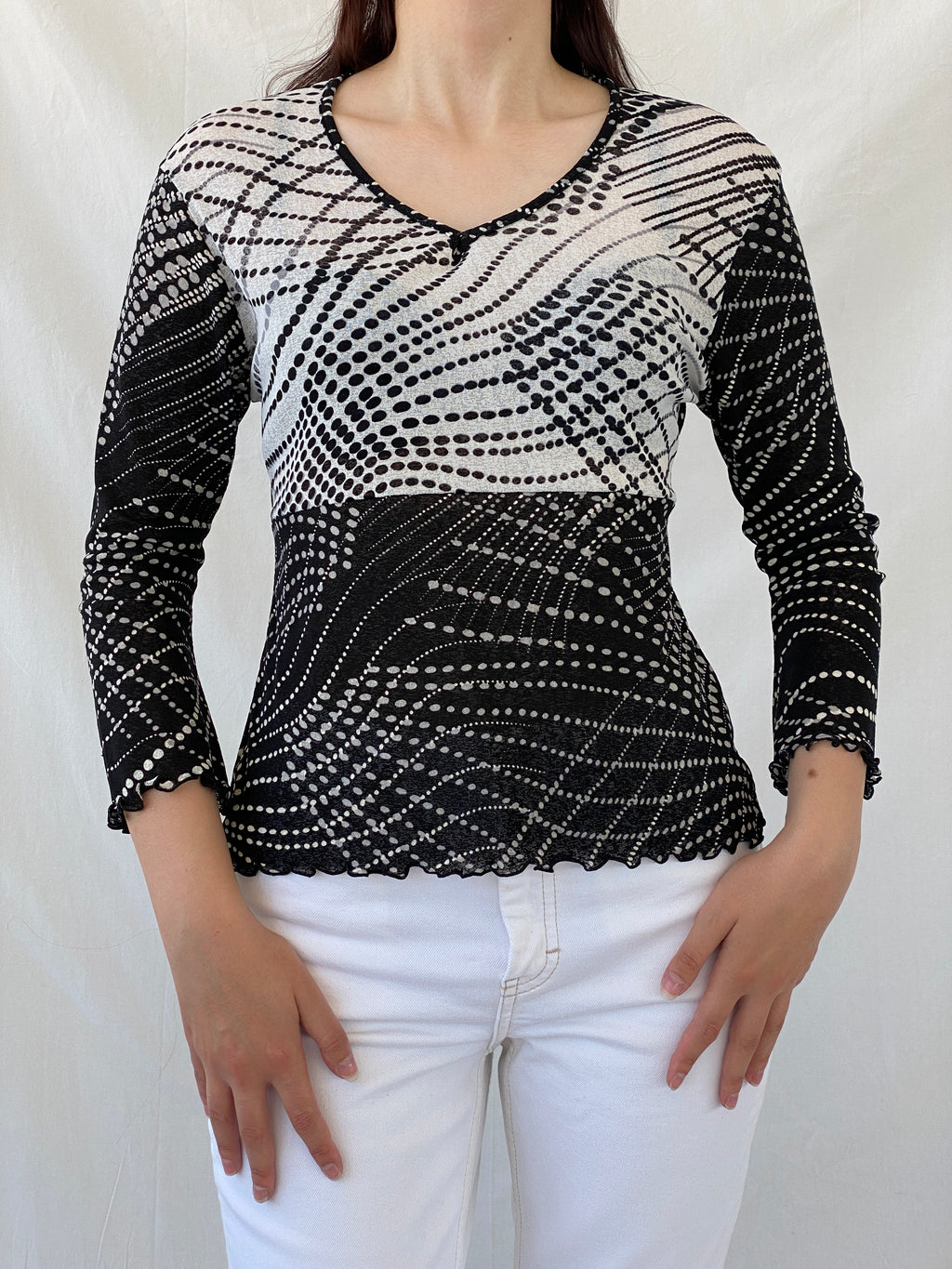 Vintage 90s SOLO Italy Black White Polka Dot Long Sleeve Mesh Top - L